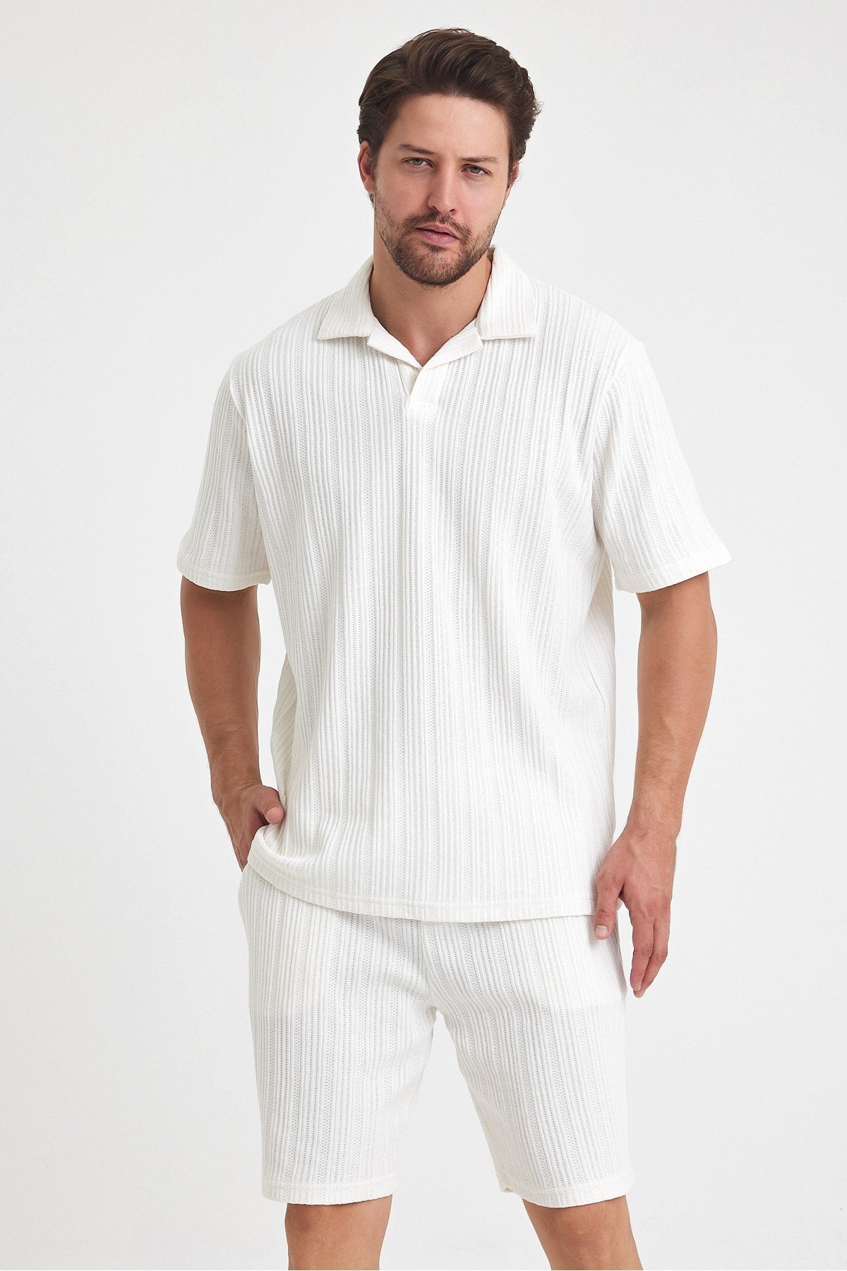 Tarz CoolT-shirtTST1440R02-3Erkek Jakarlı Baklava Desenli %100 Pamuk Polo yaka T-Shirt