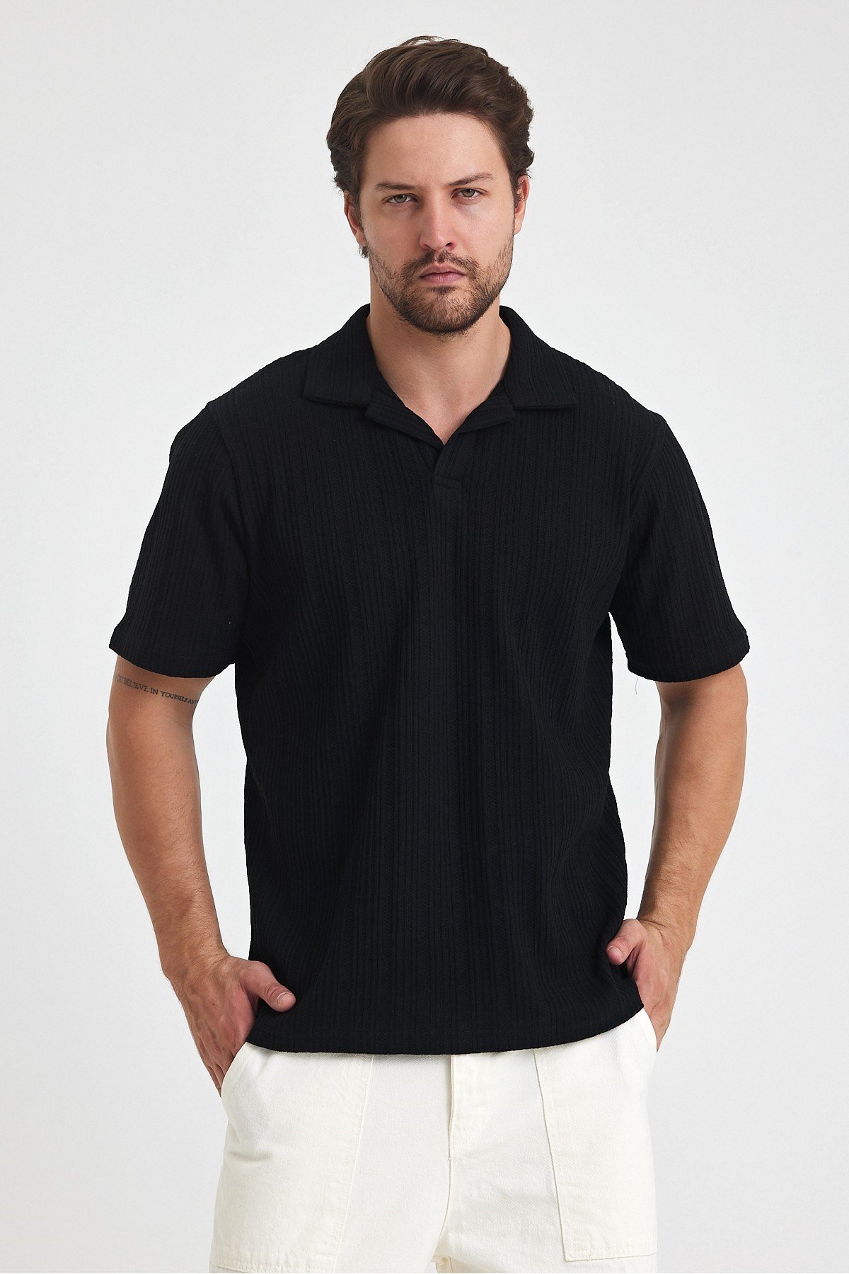 Tarz CoolT-shirtTST1440R02-3Erkek Jakarlı Baklava Desenli %100 Pamuk Polo yaka T-Shirt