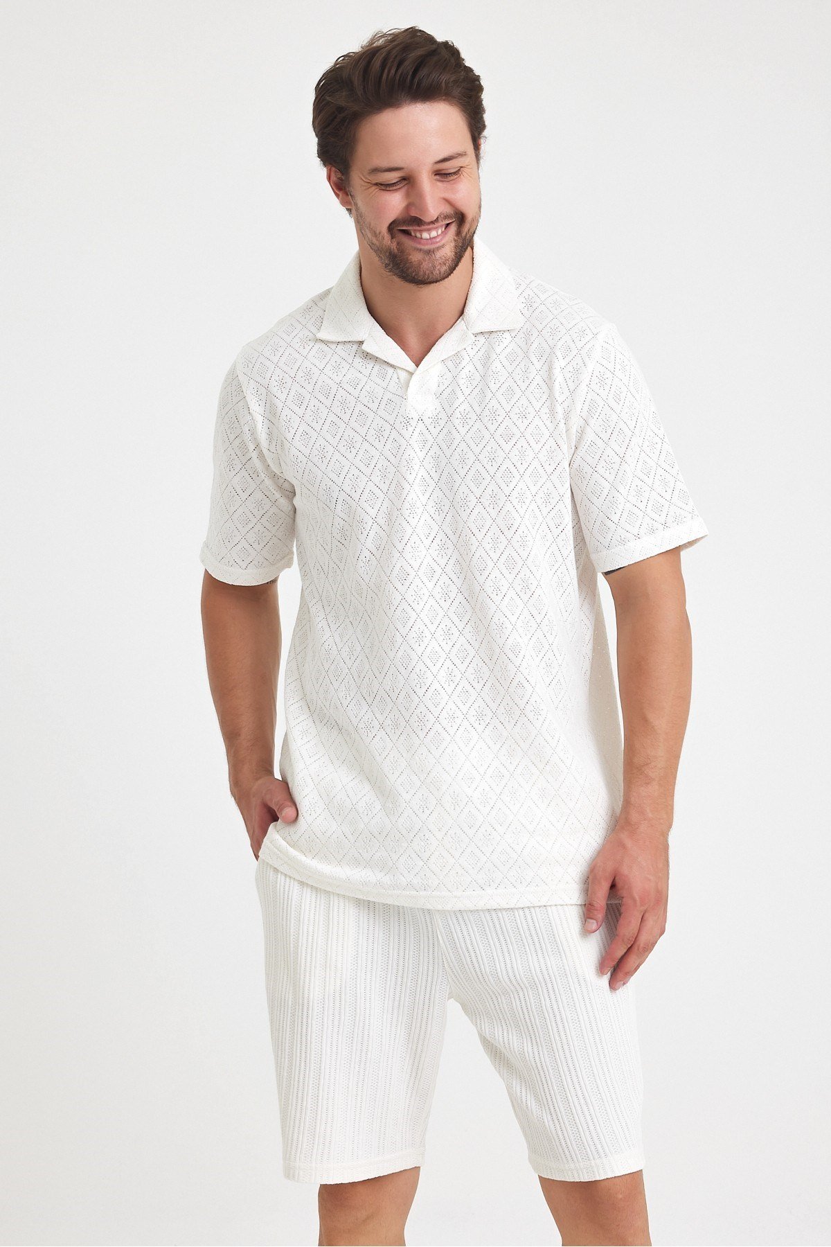 Tarz CoolT-shirtTST1440R02-3Erkek Jakarlı Baklava Desenli %100 Pamuk Polo yaka T-Shirt