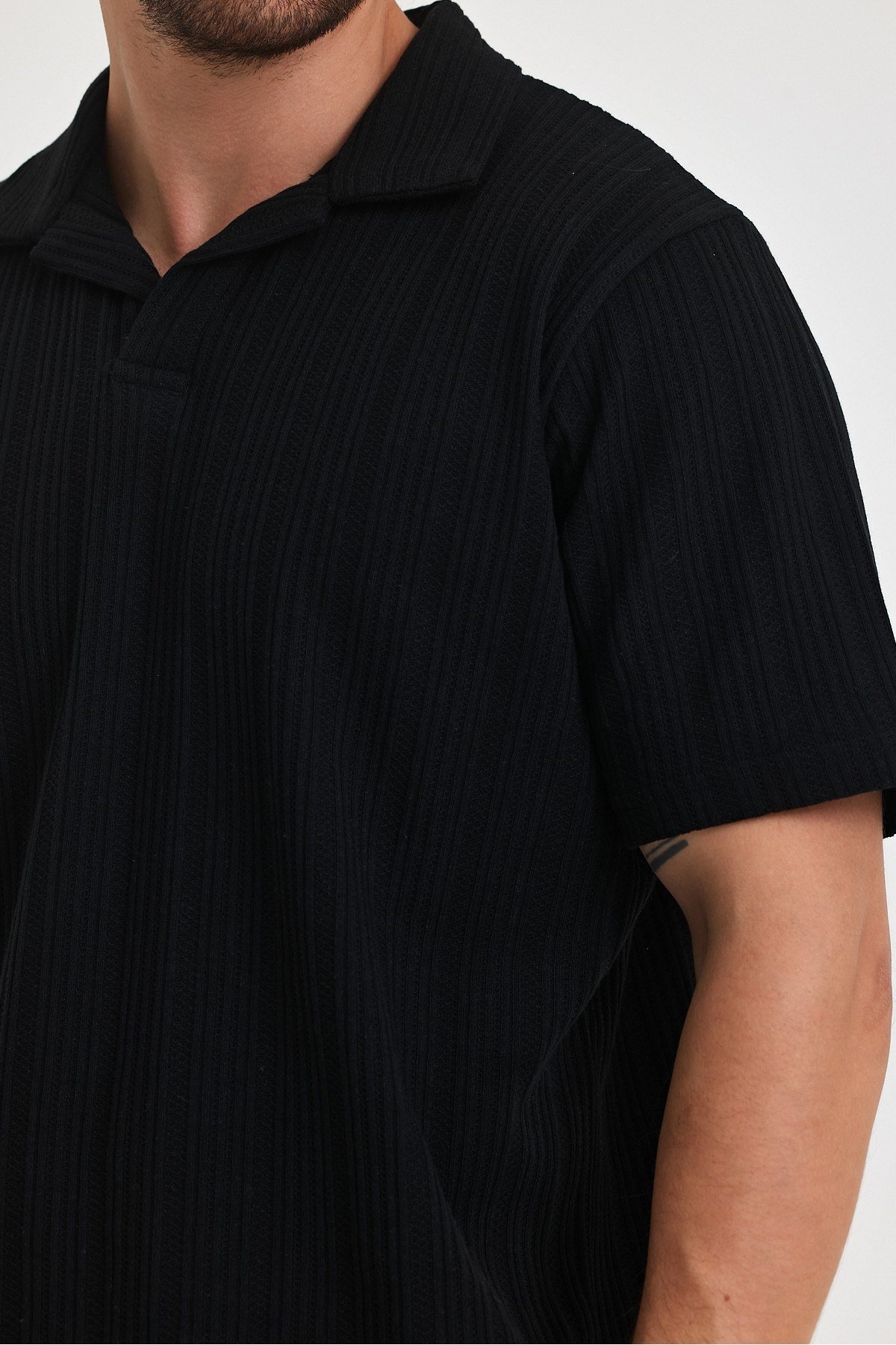 Tarz CoolT-shirtTST1440R02-3Erkek Jakarlı Baklava Desenli %100 Pamuk Polo yaka T-Shirt