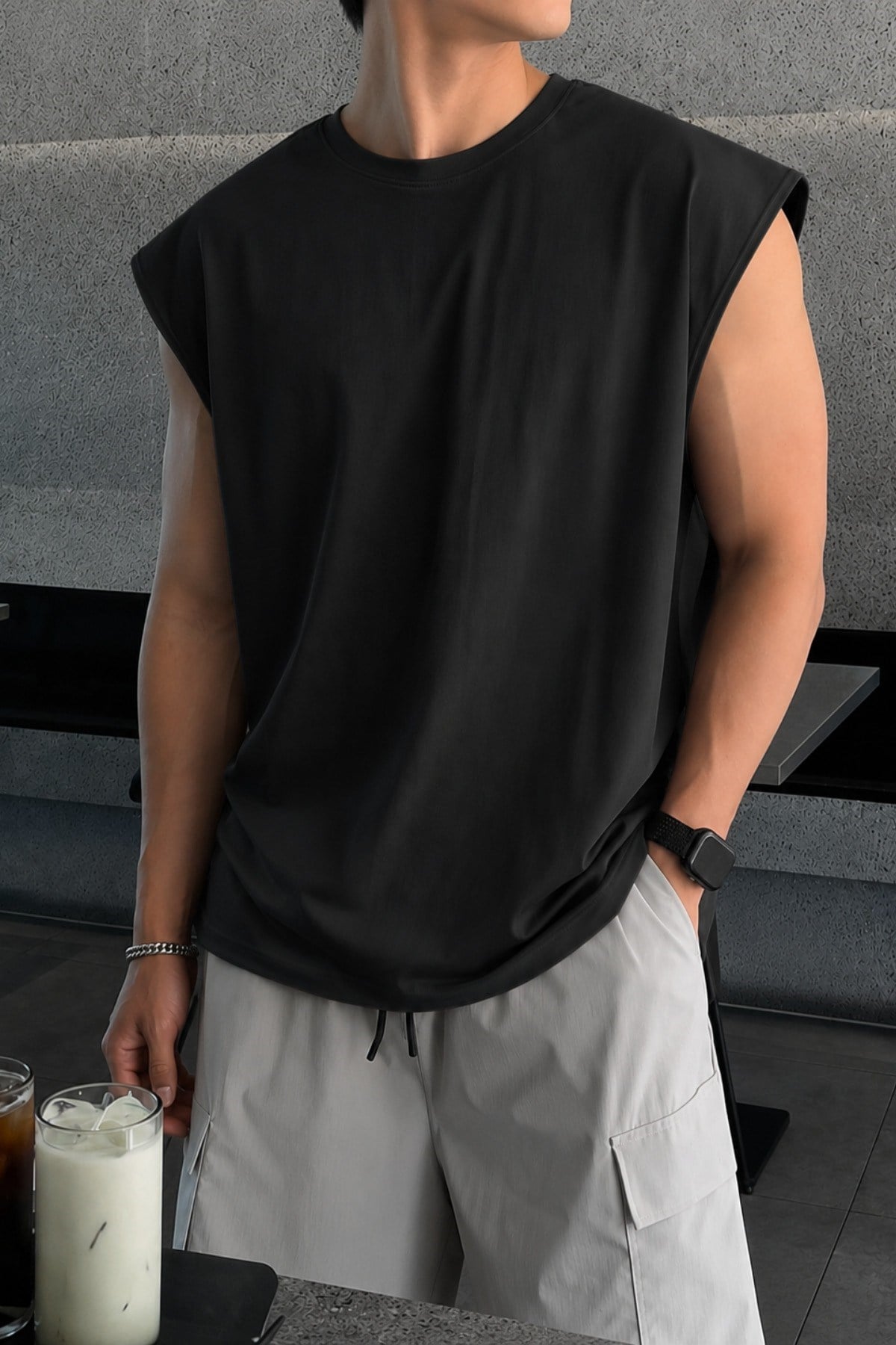 Tarz CoolT-shirtTZC-KLS-001-Siyah-XLErkek Oversize Kolsuz Tişört %100 Pamuk Süprem Basic Bisiklet Yaka