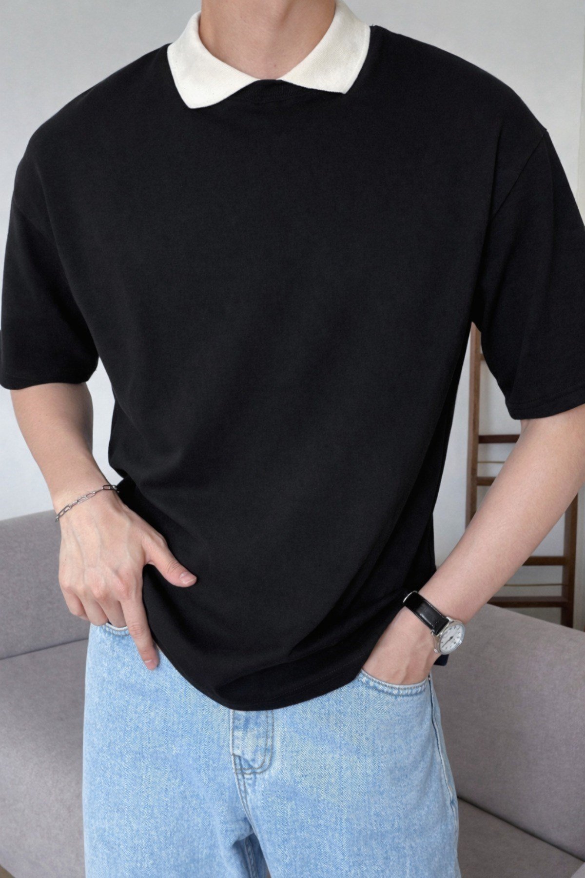 Tarz CoolT-shirtYKTST026-BY-LErkek Kolej Yaka Tişört Kontrast Detaylı Casual Regular Polo Yaka T-shirt