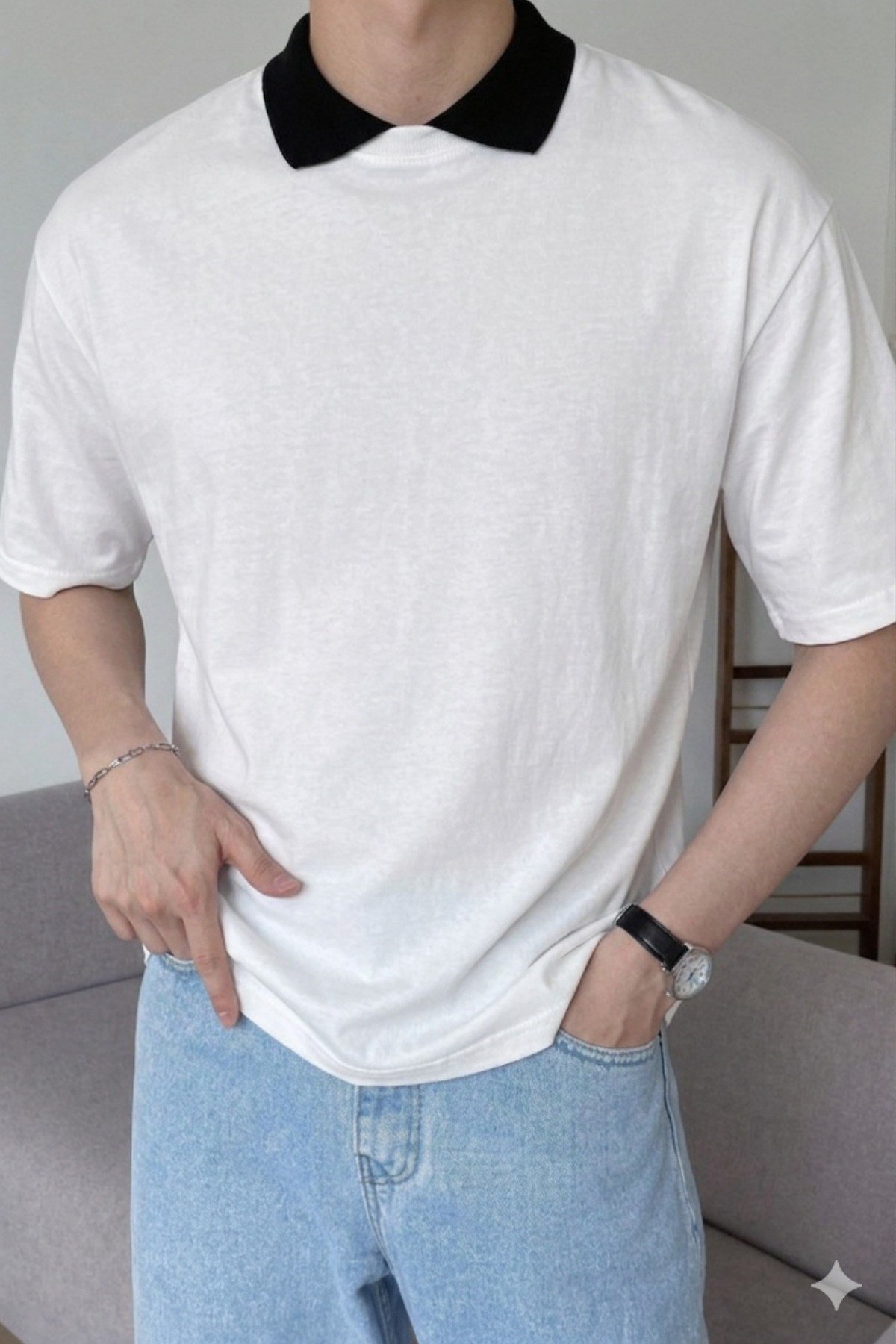 Tarz CoolT-shirtYKTST026-BY-LErkek Kolej Yaka Tişört Kontrast Detaylı Casual Regular Polo Yaka T-shirt