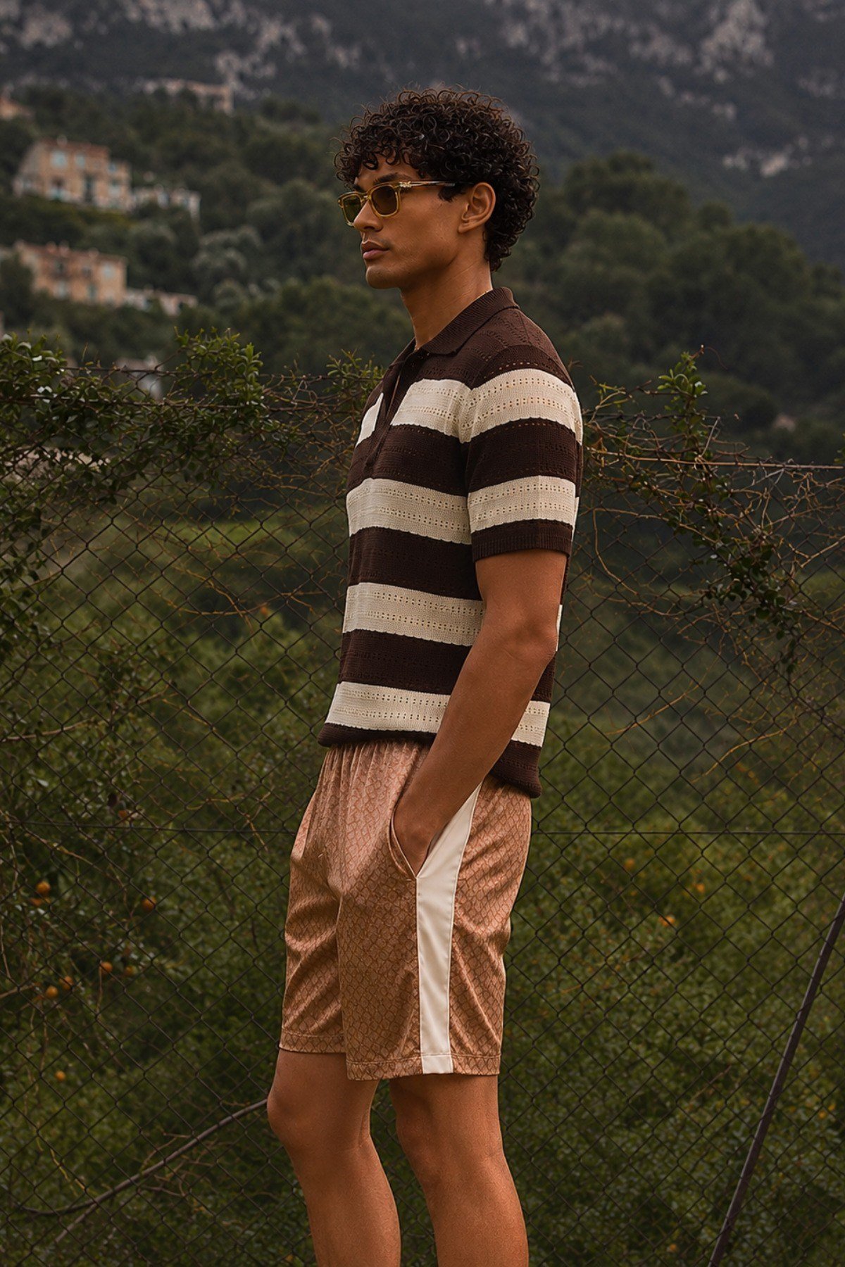 Tarz CoolT-shirtZ-2026-Kahverengi-SErkek Oversize Kalın Örgü Polo Yaka Triko Fileli Tişört Çizgili Vintage Yazlık Rahat Fit