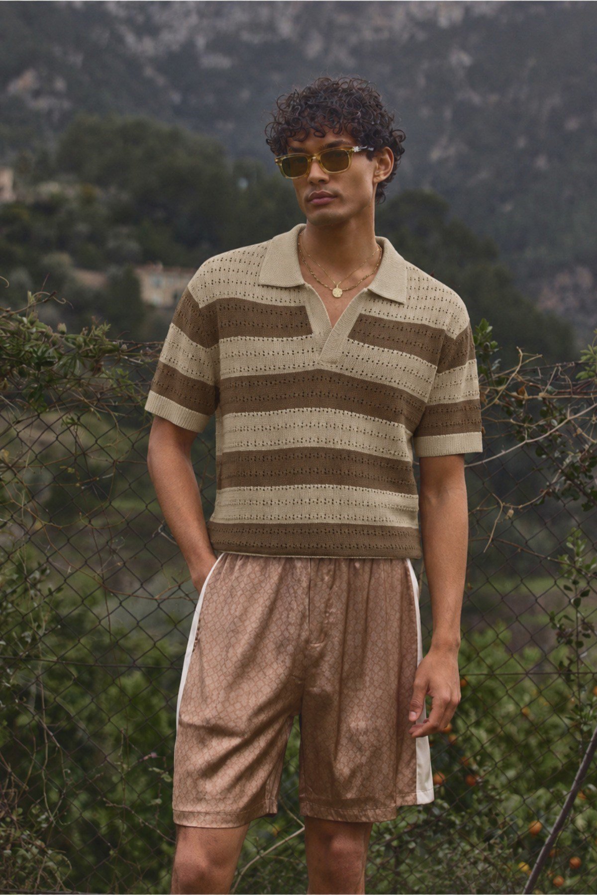 Tarz CoolT-shirtZ-2026-Kahverengi-SErkek Oversize Kalın Örgü Polo Yaka Triko Fileli Tişört Çizgili Vintage Yazlık Rahat Fit