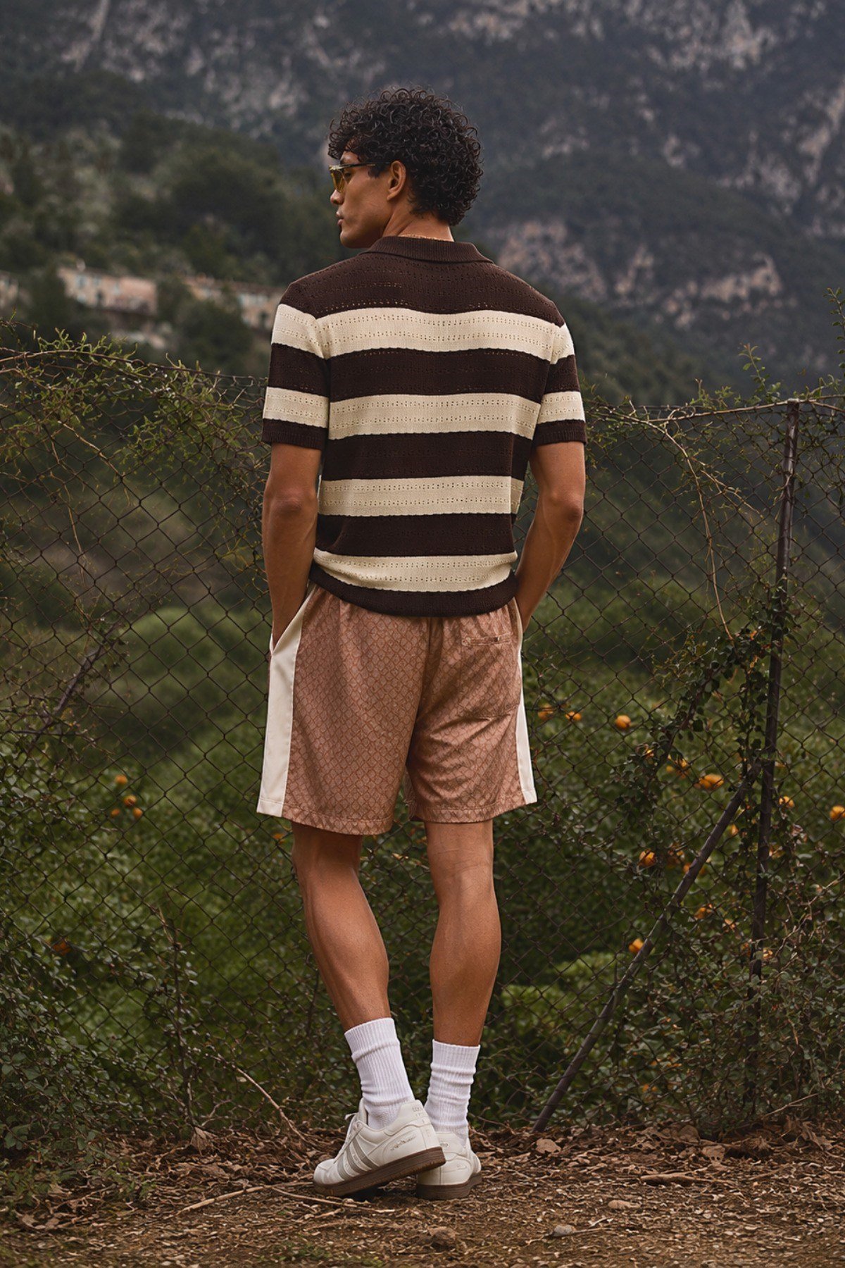 Tarz CoolT-shirtZ-2026-Kahverengi-SErkek Oversize Kalın Örgü Polo Yaka Triko Fileli Tişört Çizgili Vintage Yazlık Rahat Fit