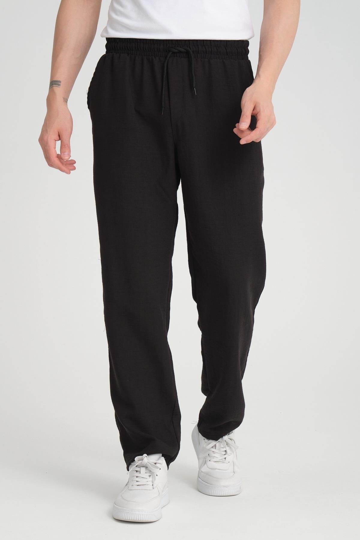Aerobin Keten Baggy Kalıp Pantolon - Siyah
