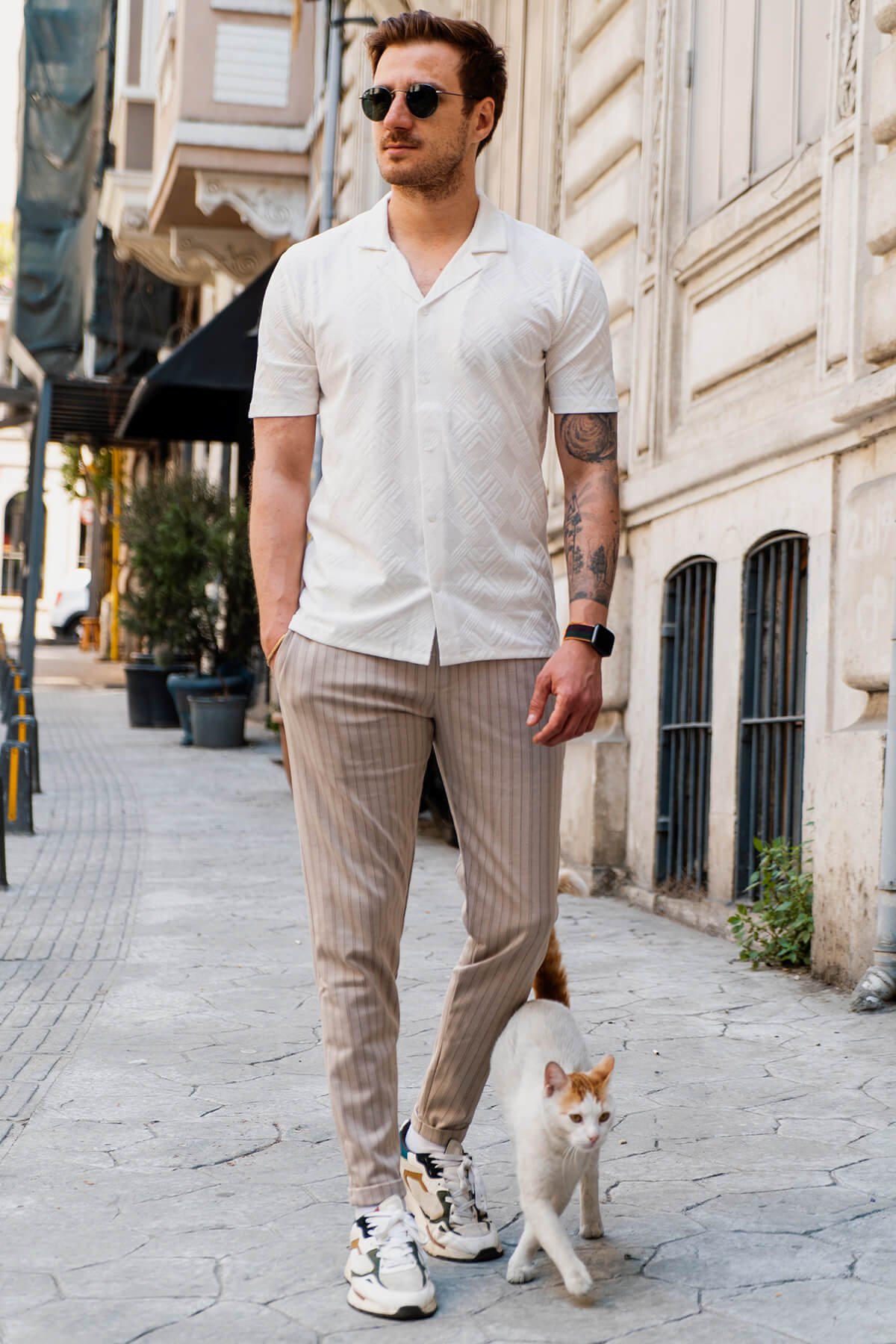 Bej Erkek Çizgili Fit Jogger Bel Pantolon