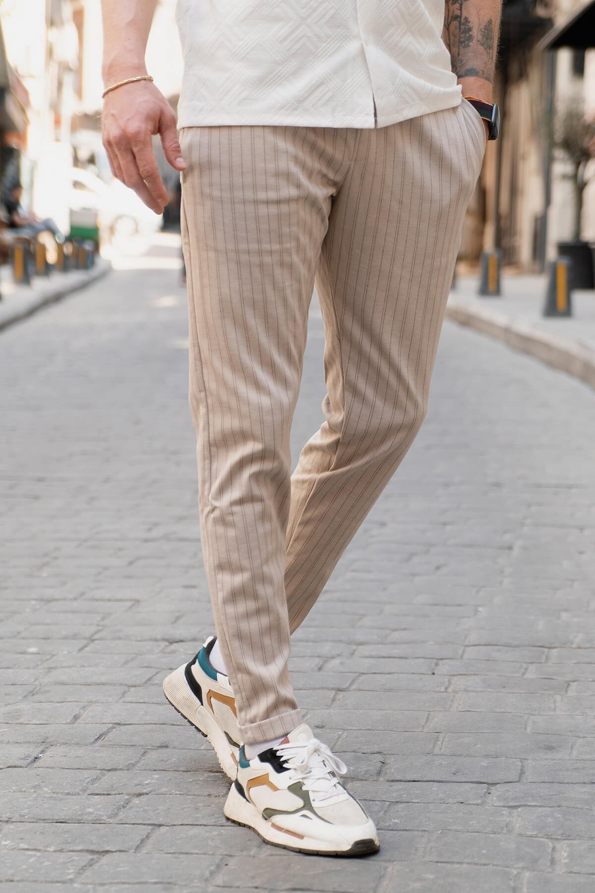 Bej Erkek Çizgili Fit Jogger Bel Pantolon