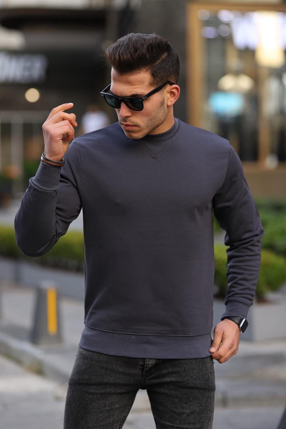 Bisiklet Yaka Basic  Sweatshirt - Füme