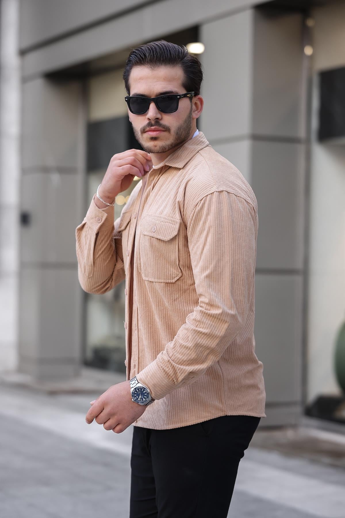 Çift Cepli Oversize Dolgu Fitilli Erkek Kadife Gömlek - Bej