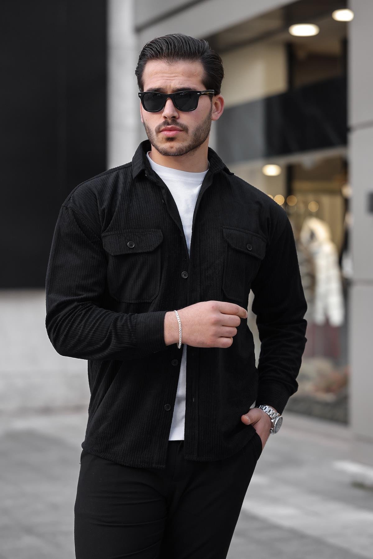 Çift Cepli Oversize Dolgu Fitilli Erkek Kadife Gömlek - Siyah