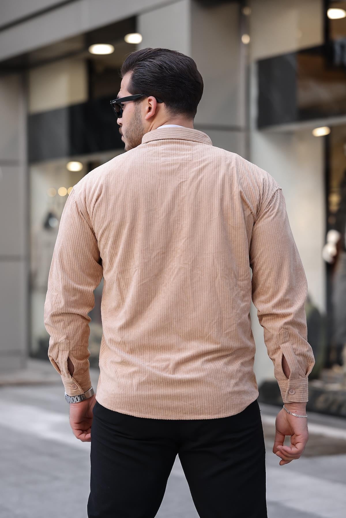 Çift Cepli Oversize Dolgu Fitilli Erkek Kadife Gömlek - Bej