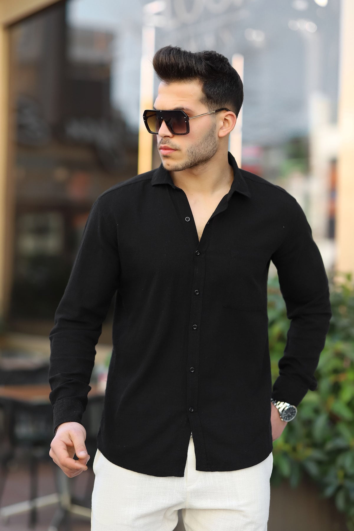 Duble Paça Katlamalı Baggy Örme Keten Pantolon - Bej