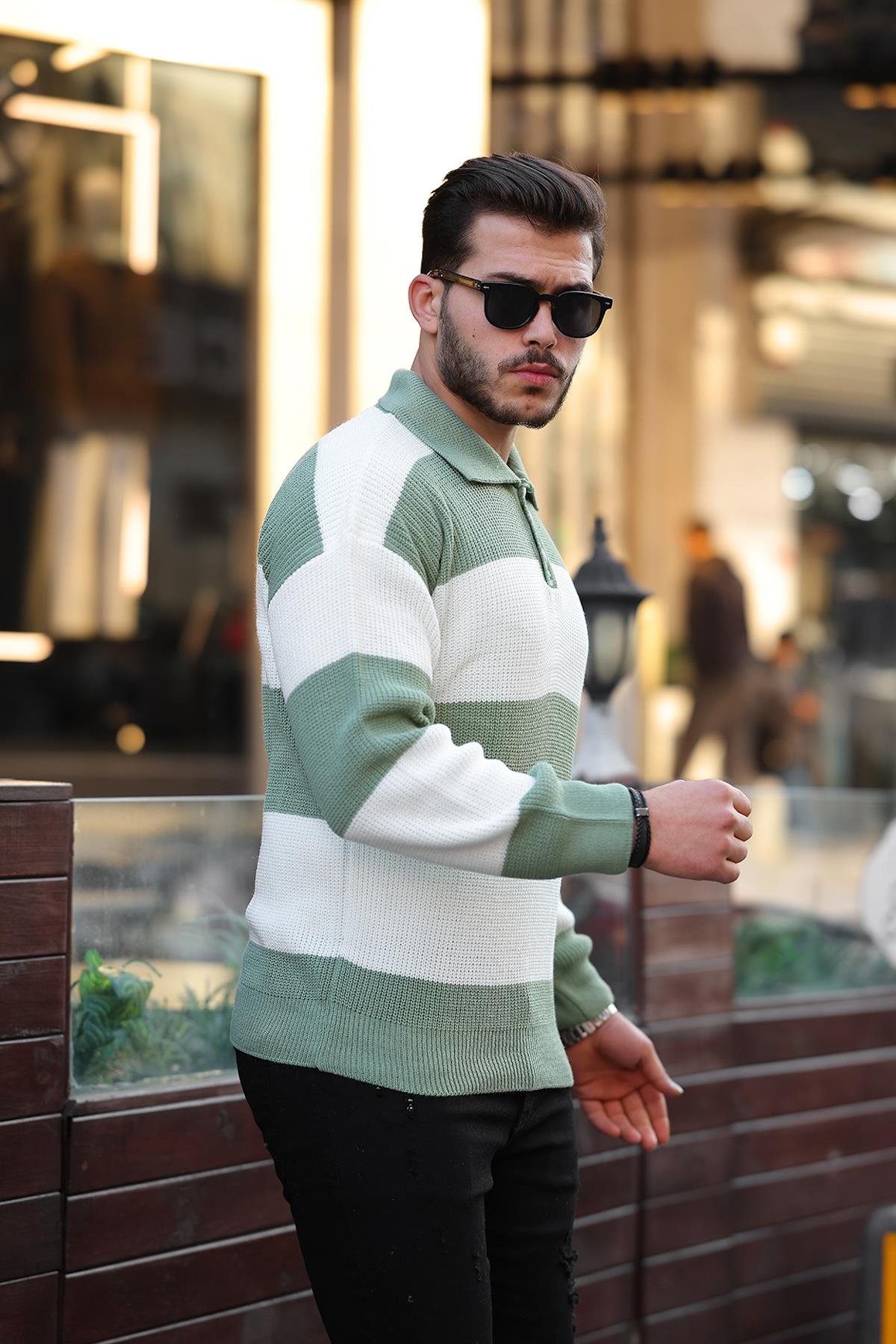 Düğmeli Polo Yaka Yarım Oversize Çizgili Triko Kazak - Yeşil