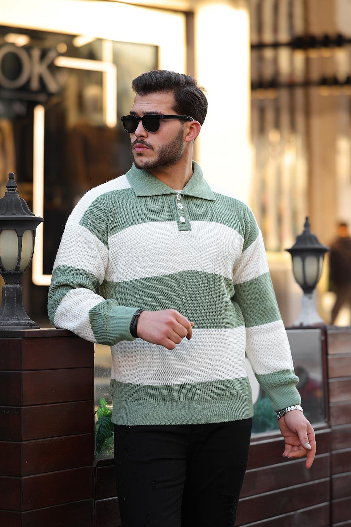 Düğmeli Polo Yaka Yarım Oversize Çizgili Triko Kazak - Yeşil