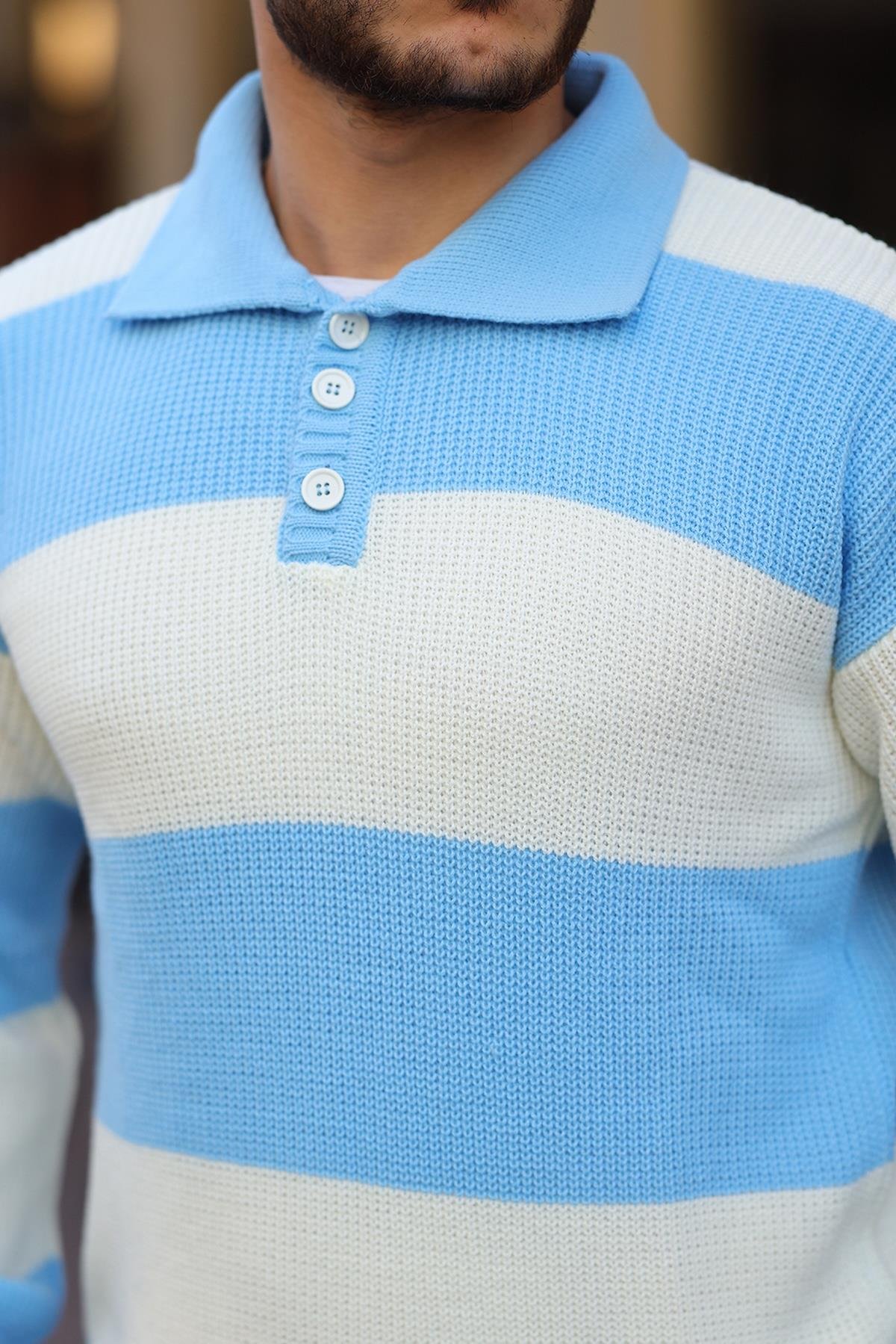 Düğmeli Polo Yaka Yarım Oversize  Çizgili Triko Kazak - Mavi