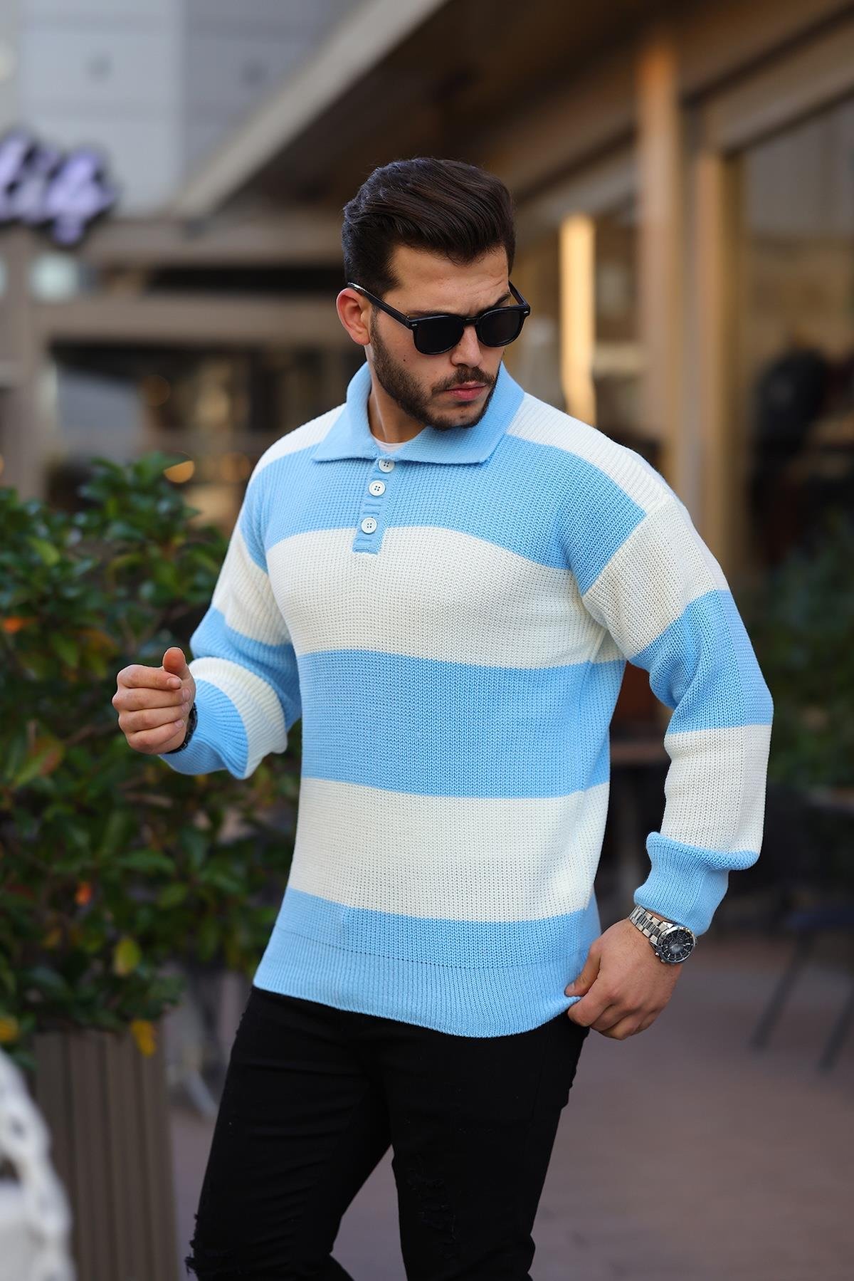 Düğmeli Polo Yaka Yarım Oversize  Çizgili Triko Kazak - Mavi