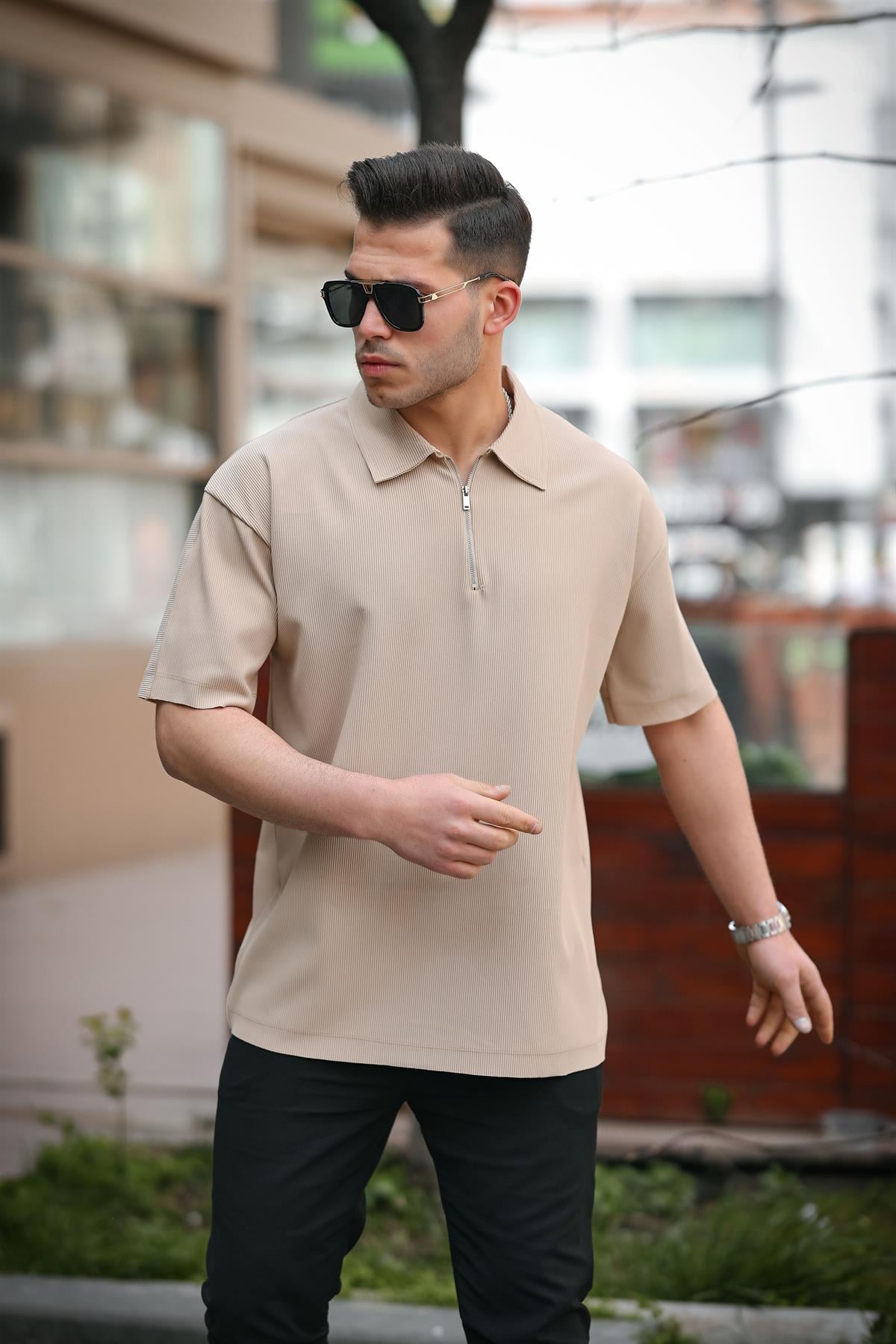 Fitilli Yarım Fermuar Oversize T-shirt - Bej