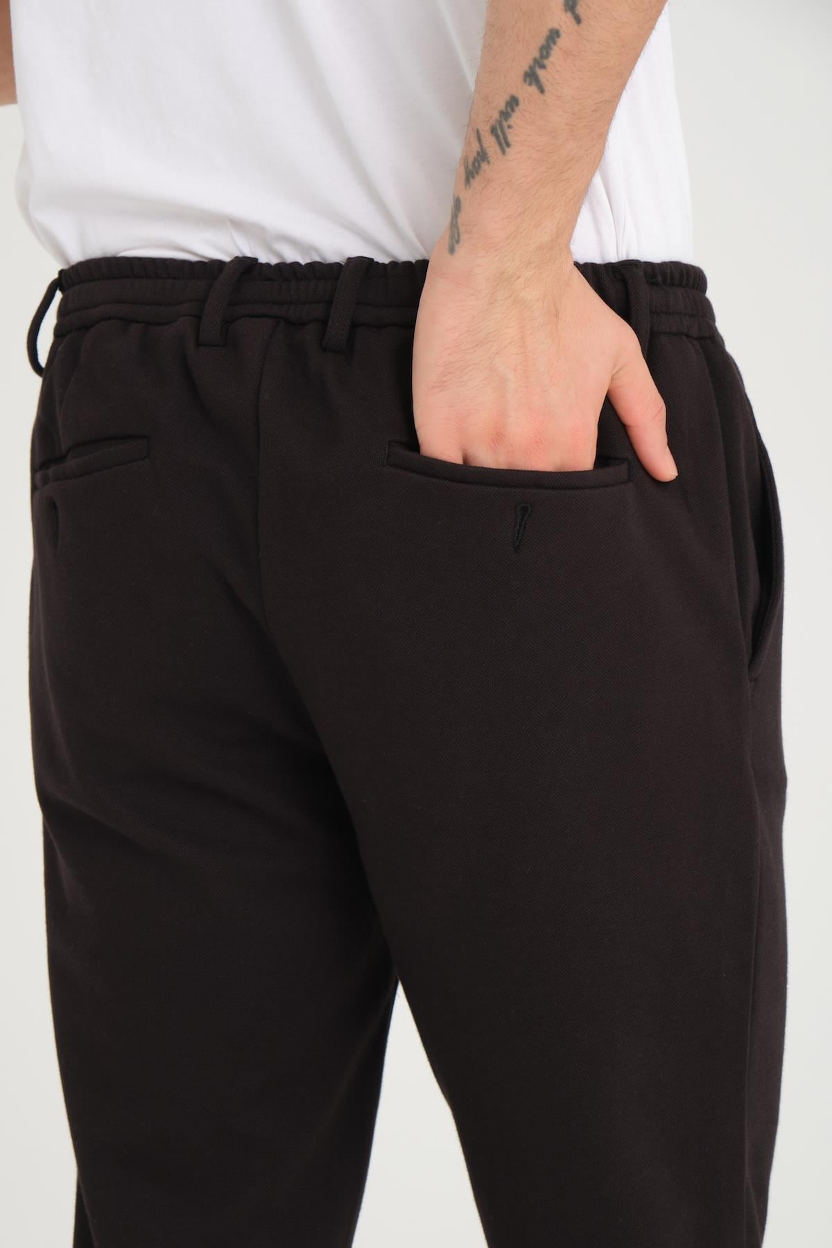 Nervürlü Regular Kalıp Duble Paça Örme Pantolon - Siyah
