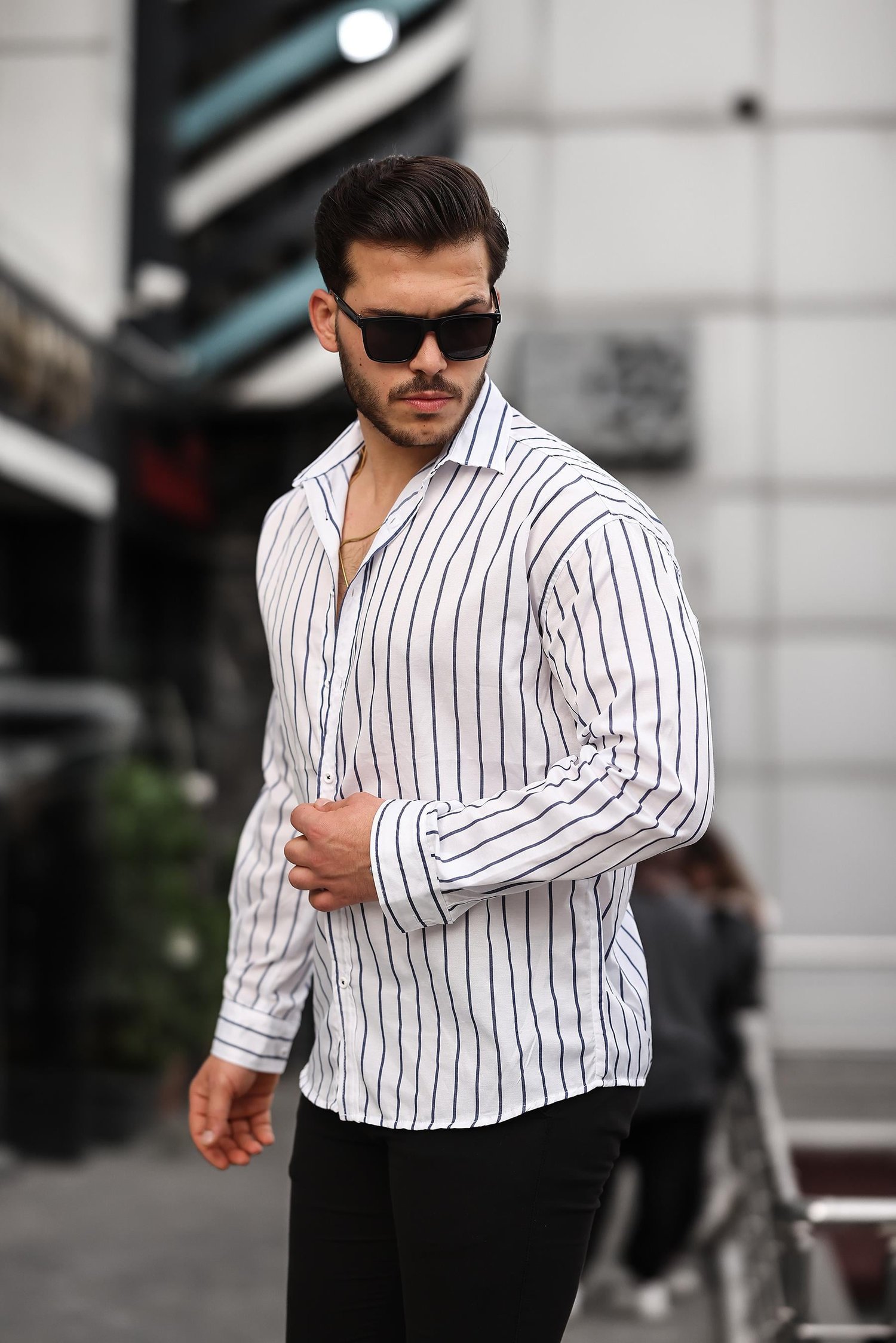 Oversize Çizgili Saten Gömlek- Beyaz