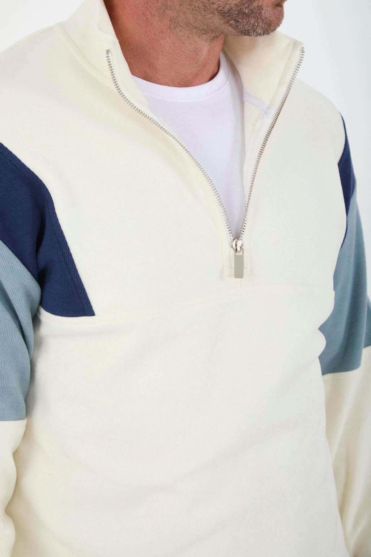 Oversize Erkek Kolları Garnili Selanik Örme Erkek Sweatshirt - Ekru