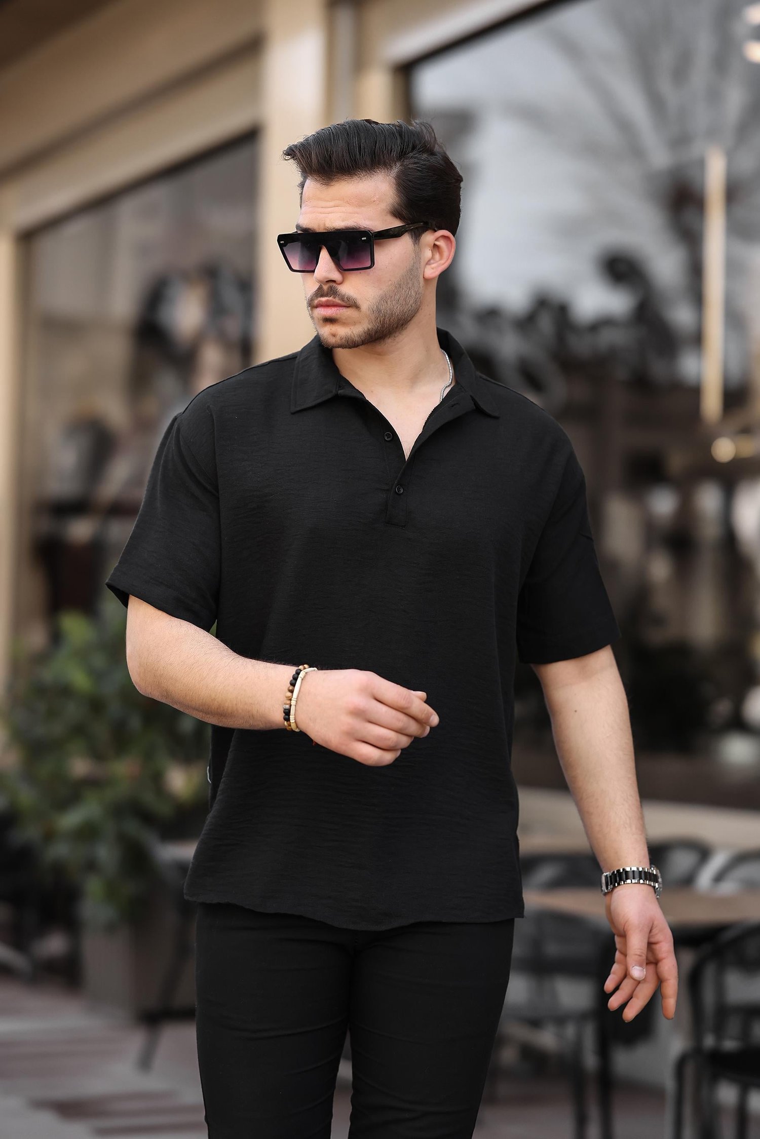 Polo Yaka Oversize Yarım Pat  Bambu Kısa Kol Gömlek - Siyah