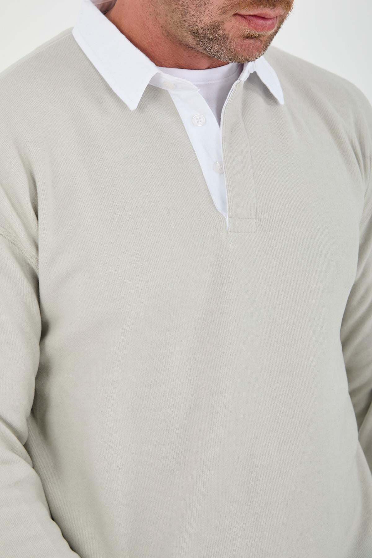 Polo Yaka Selanik Örme Kumaş Erkek Sweatshirt - Taş