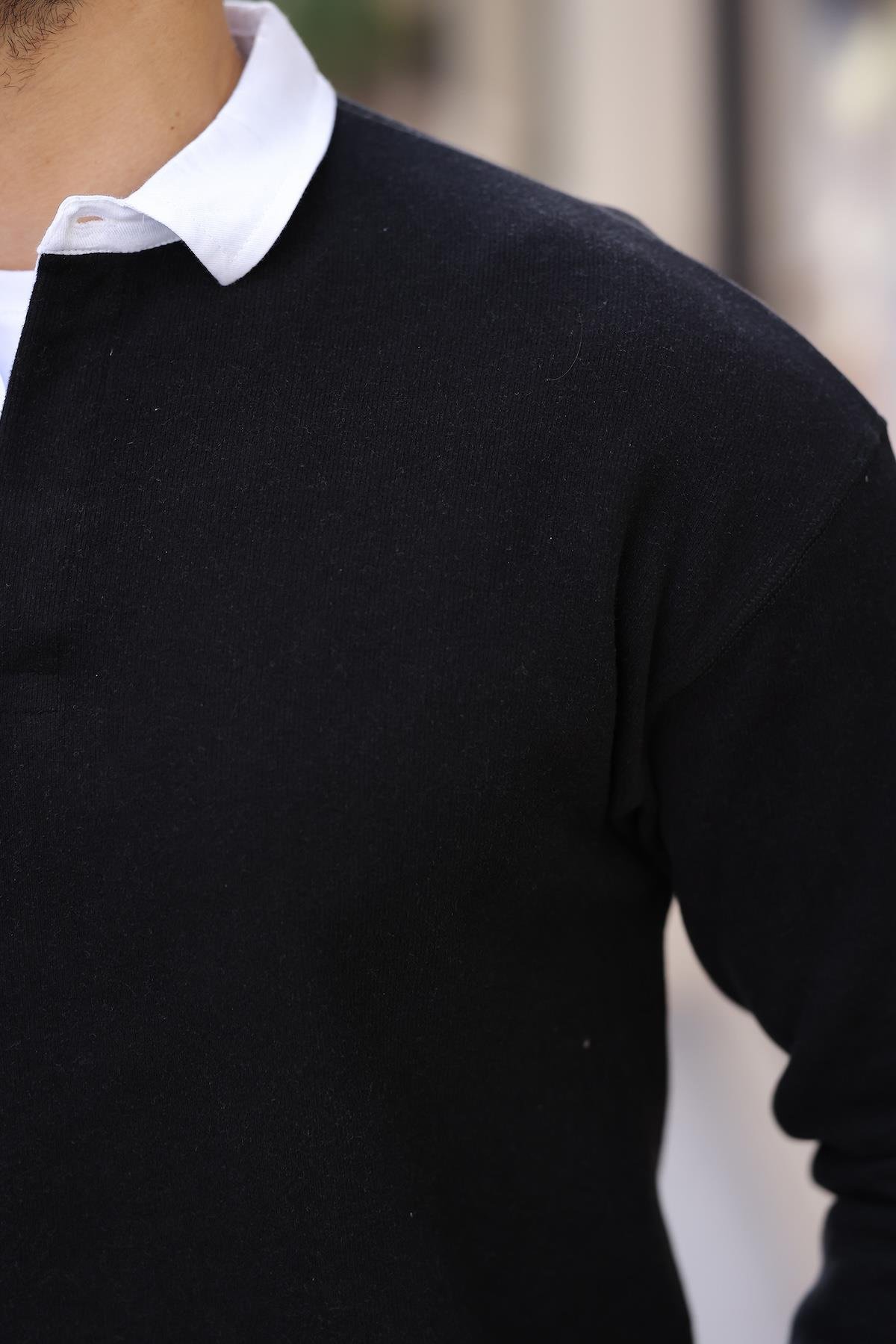 Polo Yaka Selanik Örme Kumaş Erkek Sweatshirt - Siyah