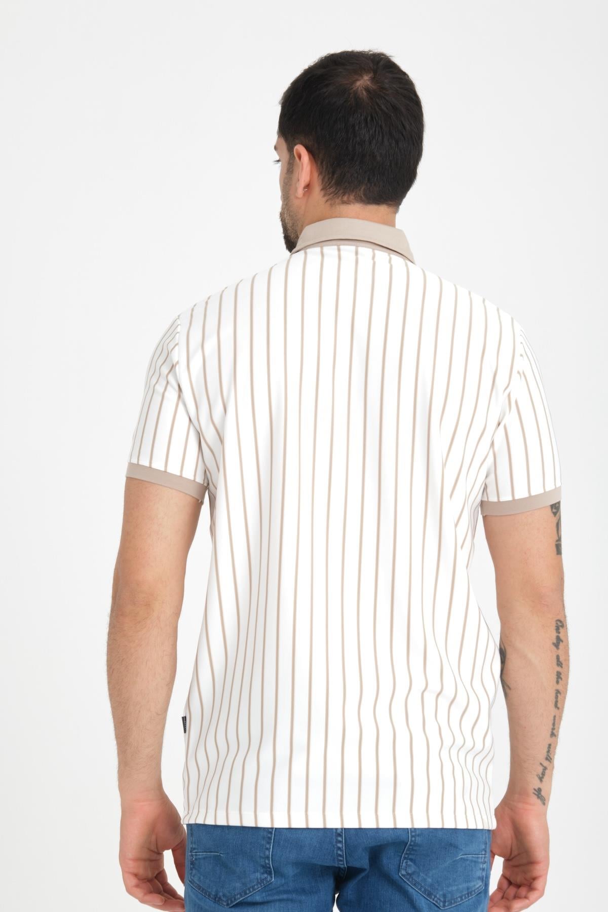 Premium Dik Çizgili Polo Yaka T-Shirt - Bej