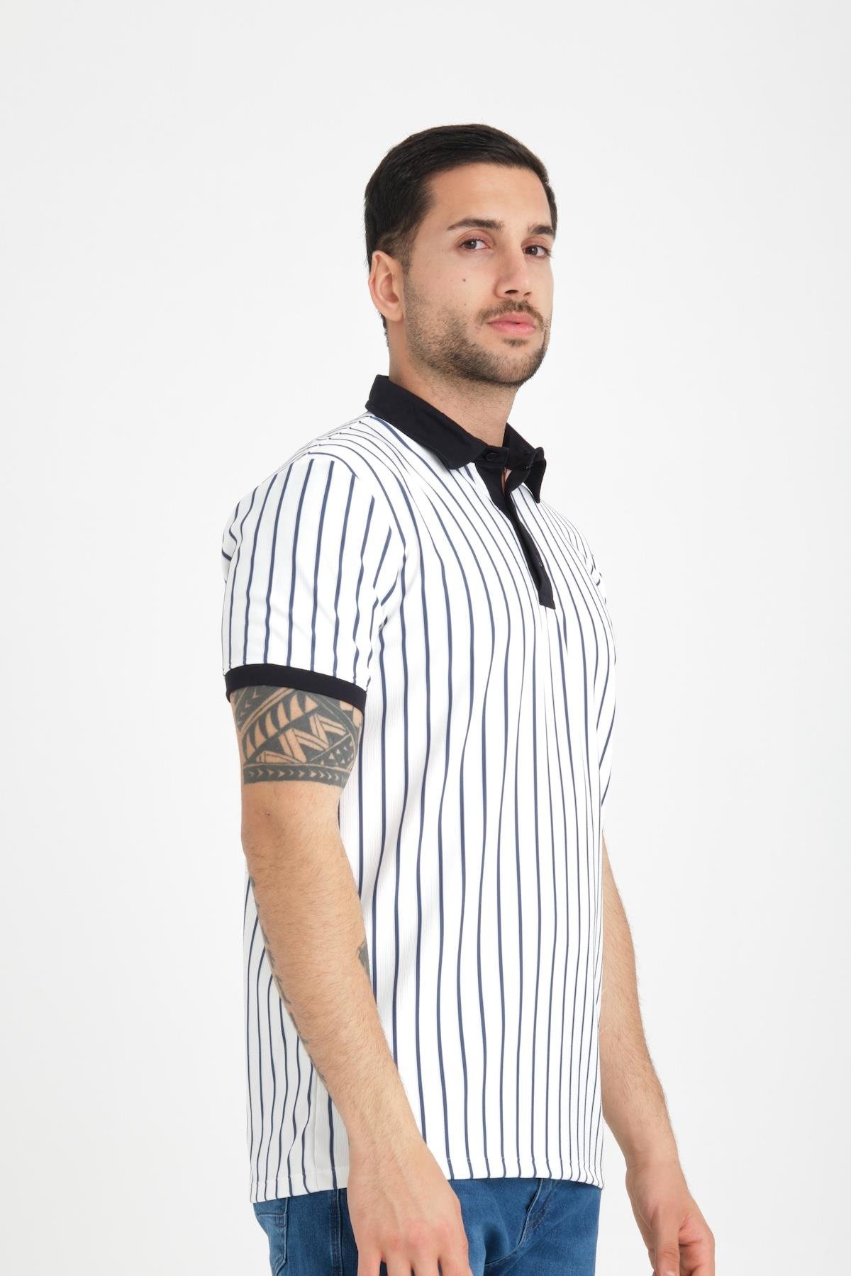 Premium Dik Çizgili Polo Yaka T-Shirt - Lacivert