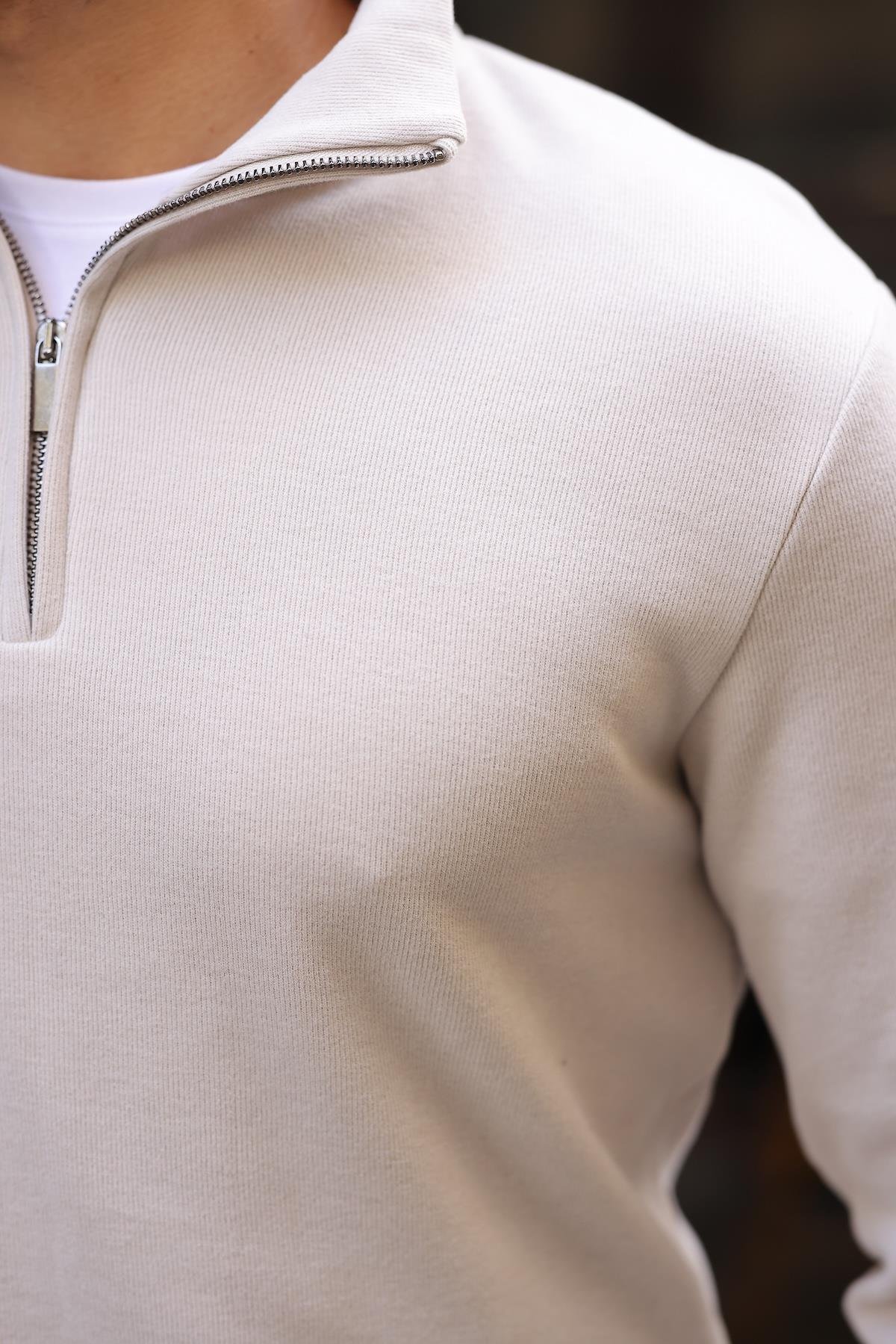 Selanik Örme Kumaş Yarım Fermuar Erkek Sweatshirt - Taş