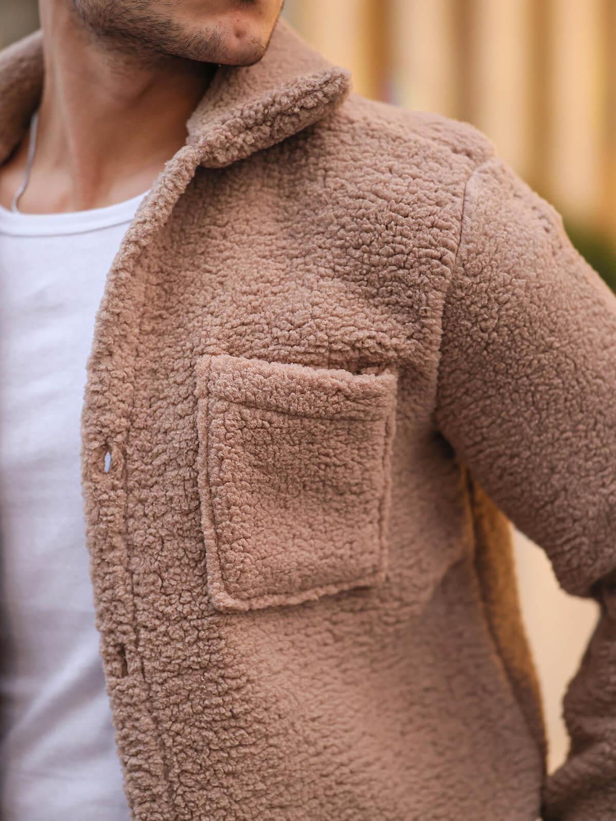 Tek Cepli Oversize Peluş Ceket- Bej