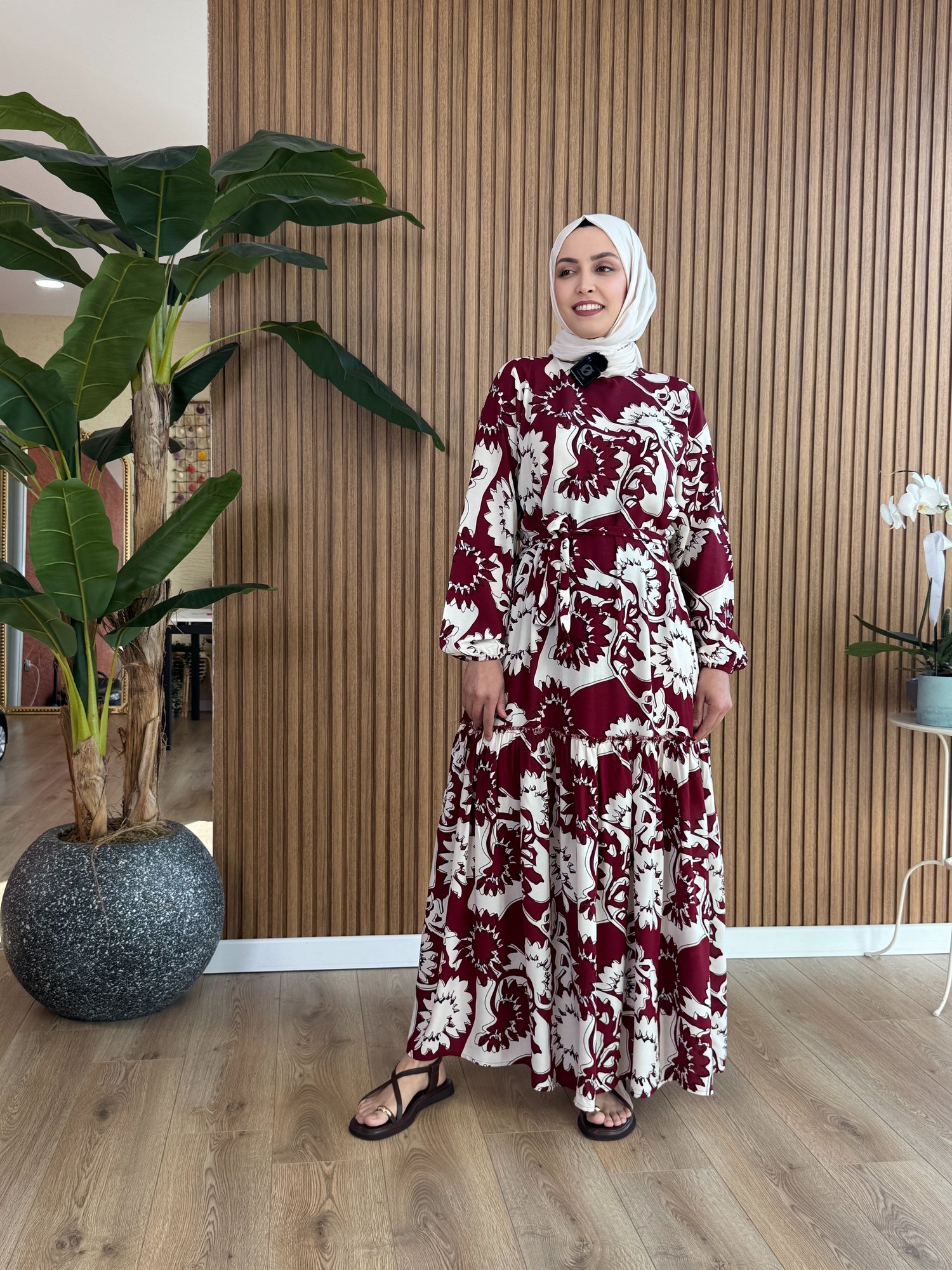 Aylin Viskon Pamuk Elbise - Bordo