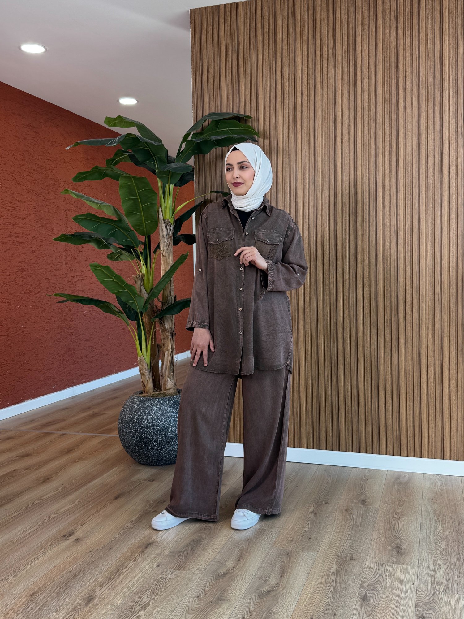 Buse Tensel Ara Boy Pamuk Takım - Kahverengi