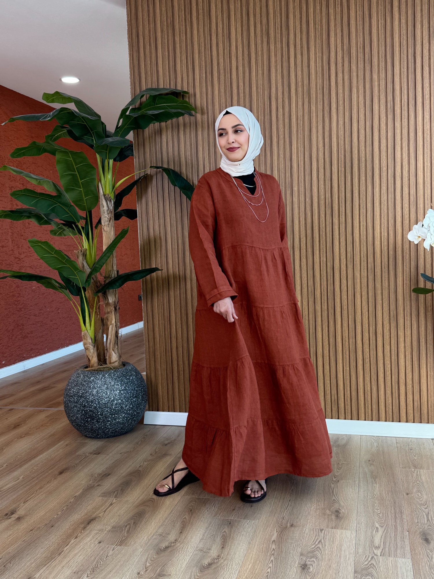 Hazal Ham Keten İthal Elbise - Kiremit