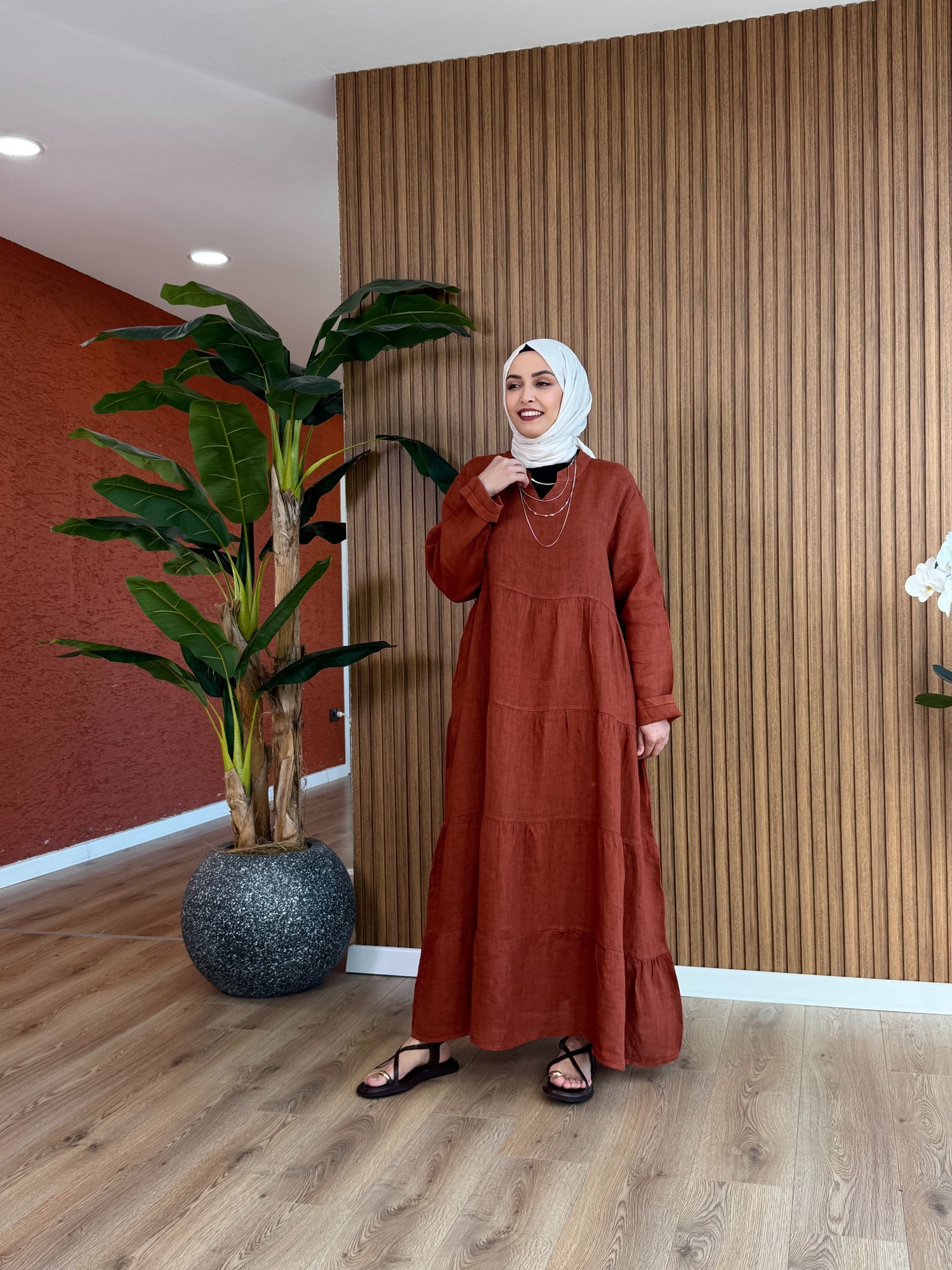 Hazal Ham Keten İthal Elbise - Kiremit