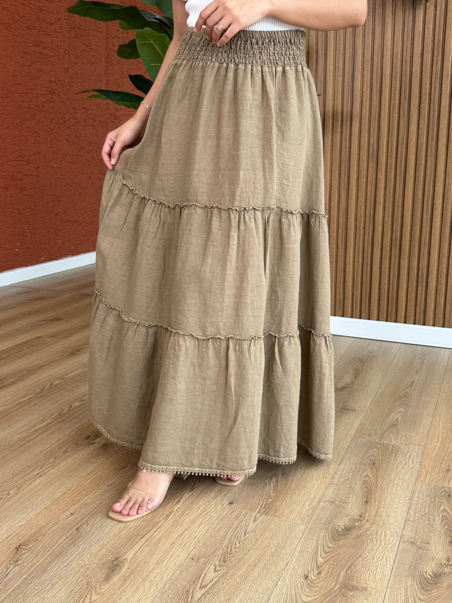 İnci Keten Etek -Taba
