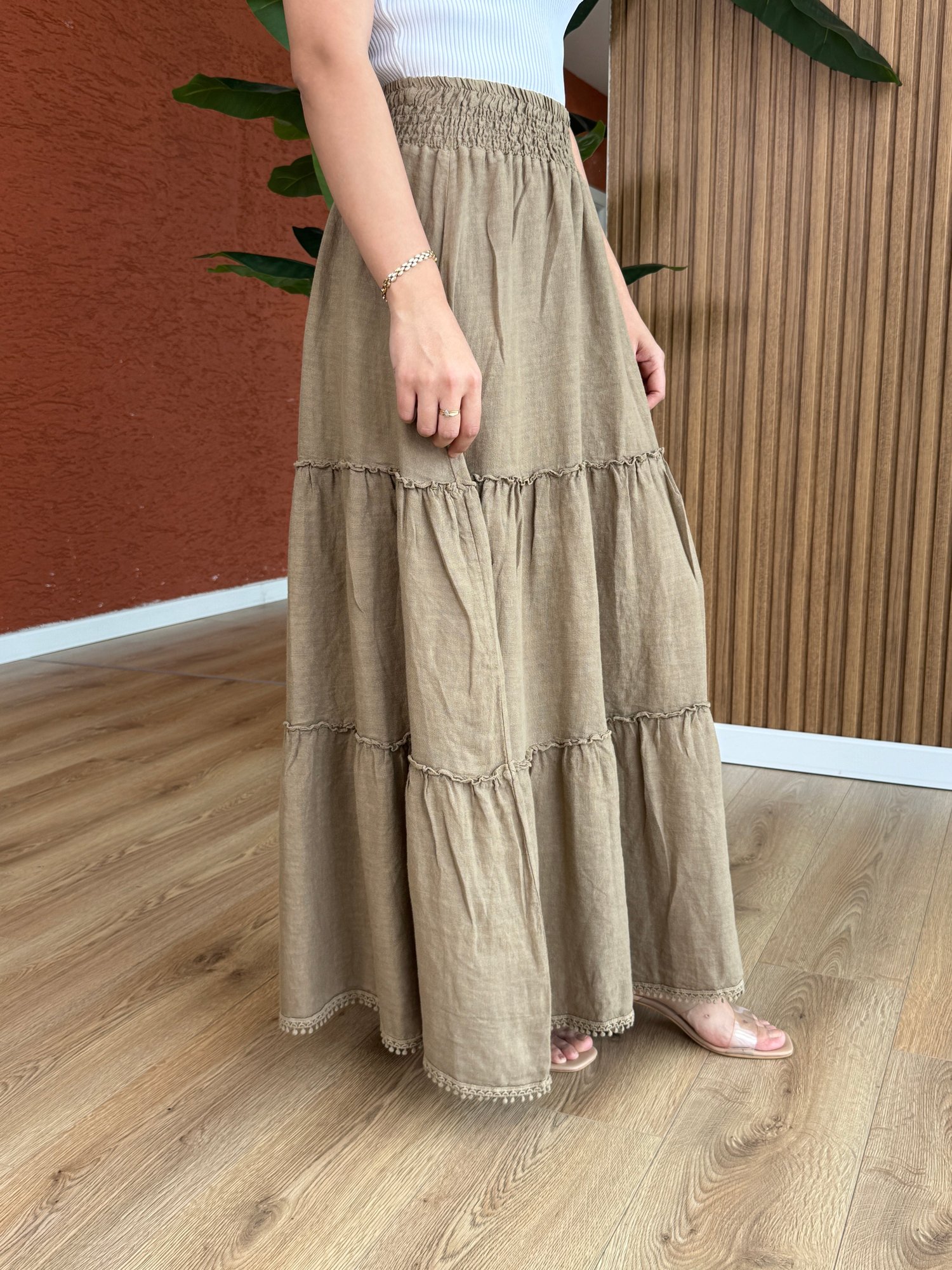 İnci Keten Etek -Taba