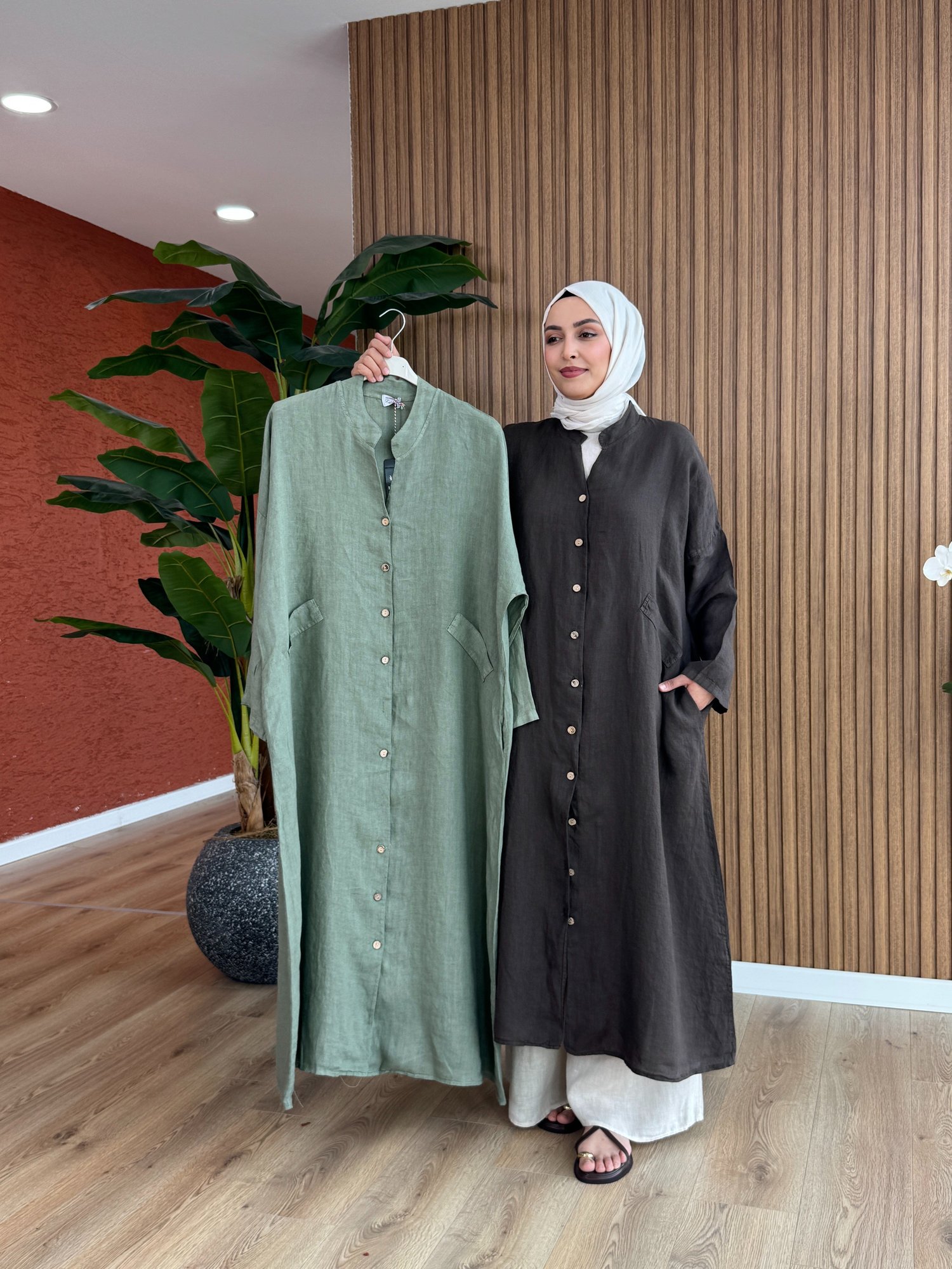 Kadın % 100 Ham Keten Lina Kap-Haki