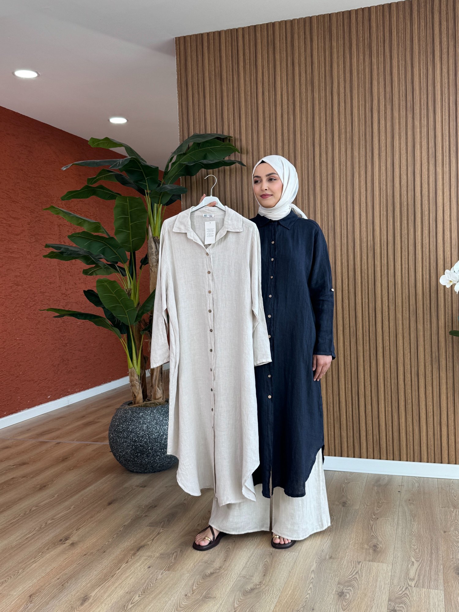Kadın % 100 Ham Keten Sevgi Tunik-Krem