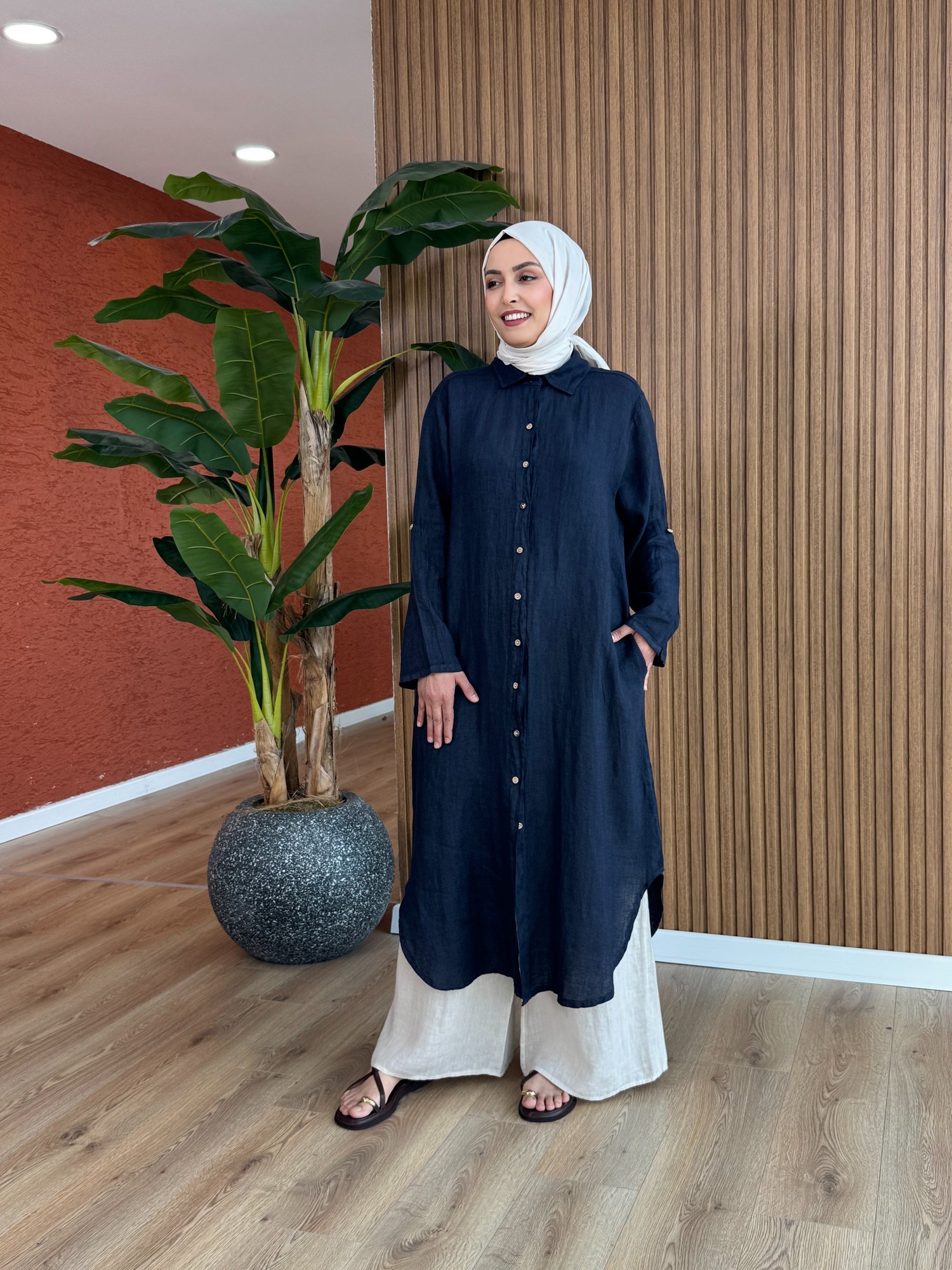 Kadın % 100 Ham Keten Sevgi Tunik-Lacivert