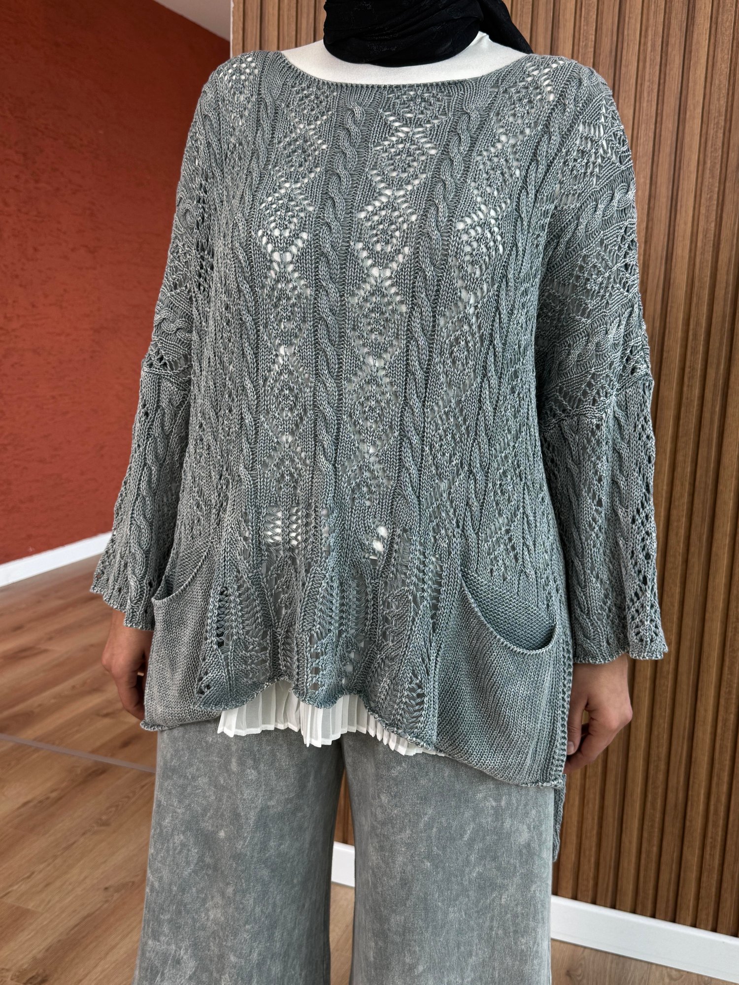 Kadın % 100 Pamuk Acurlu Bluz-Gri