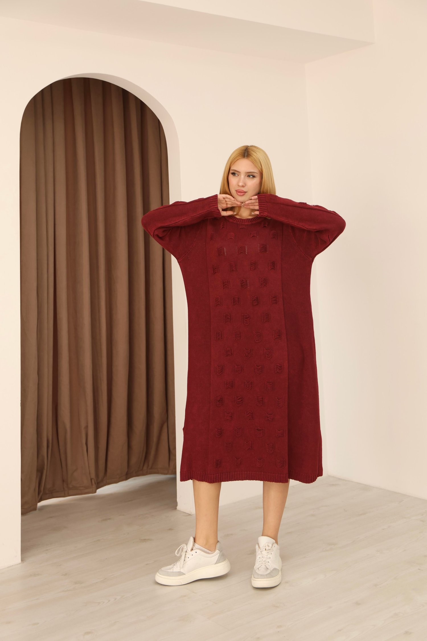 Kadın % 100 Pamuk Dokulu Tunik Elbise -Bordo