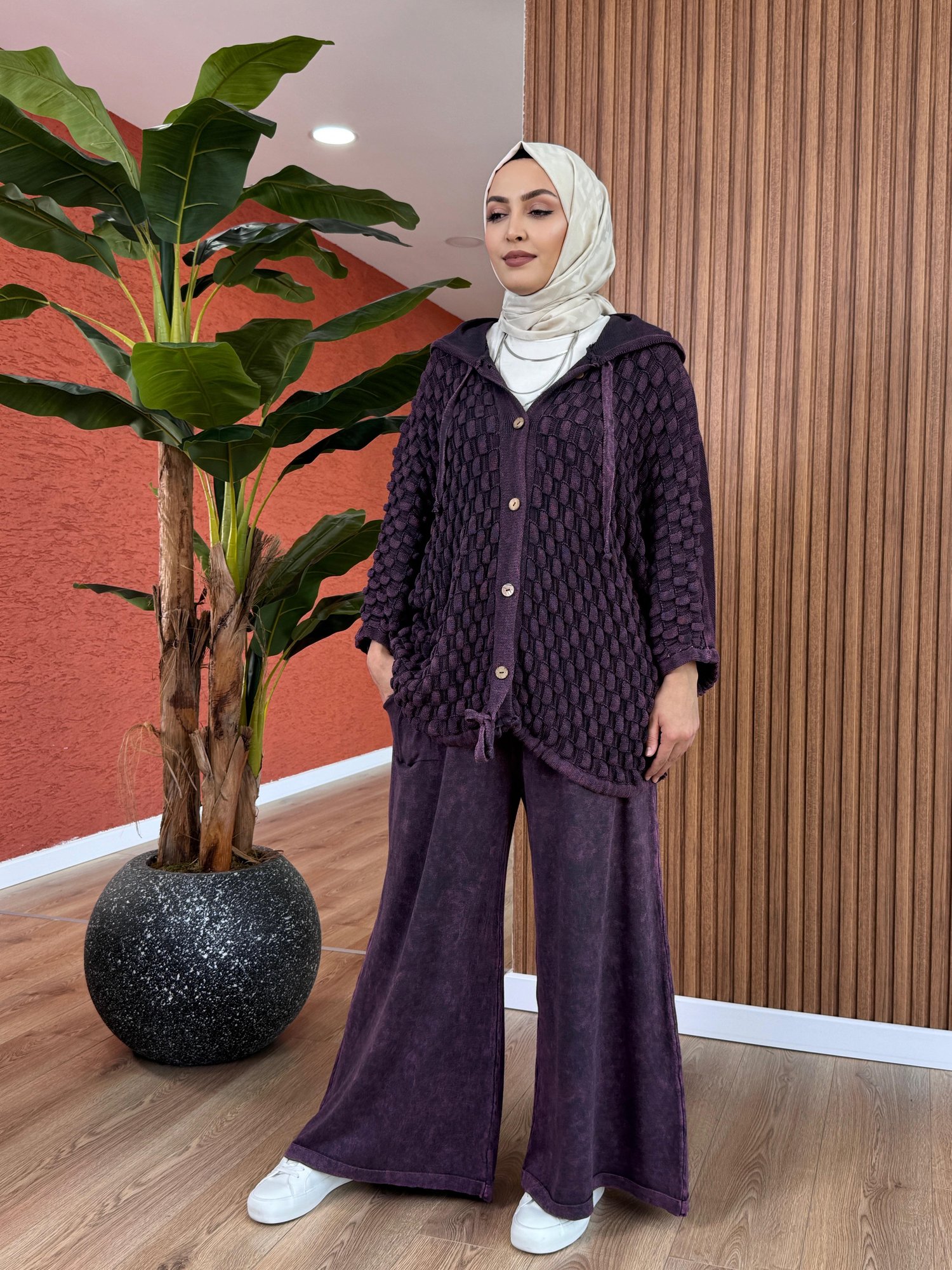 Kadın % 100 Pamuk İp Triko Hırka-Mor