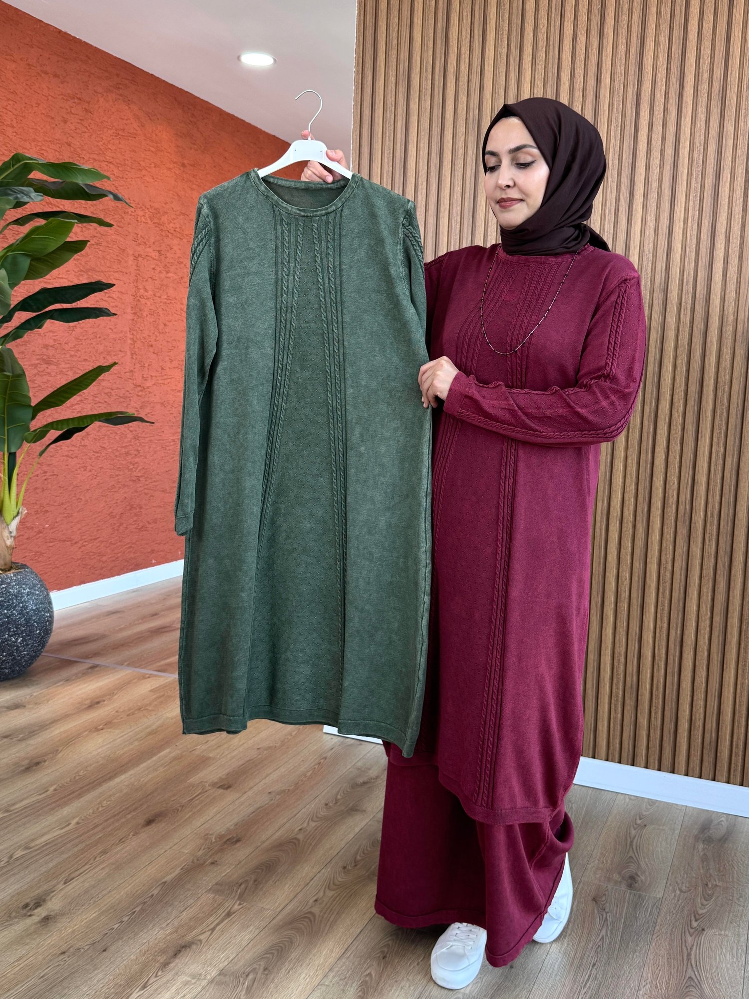 Kadın %100 Pamuk Örgü Detay Tunik-Yeşil
