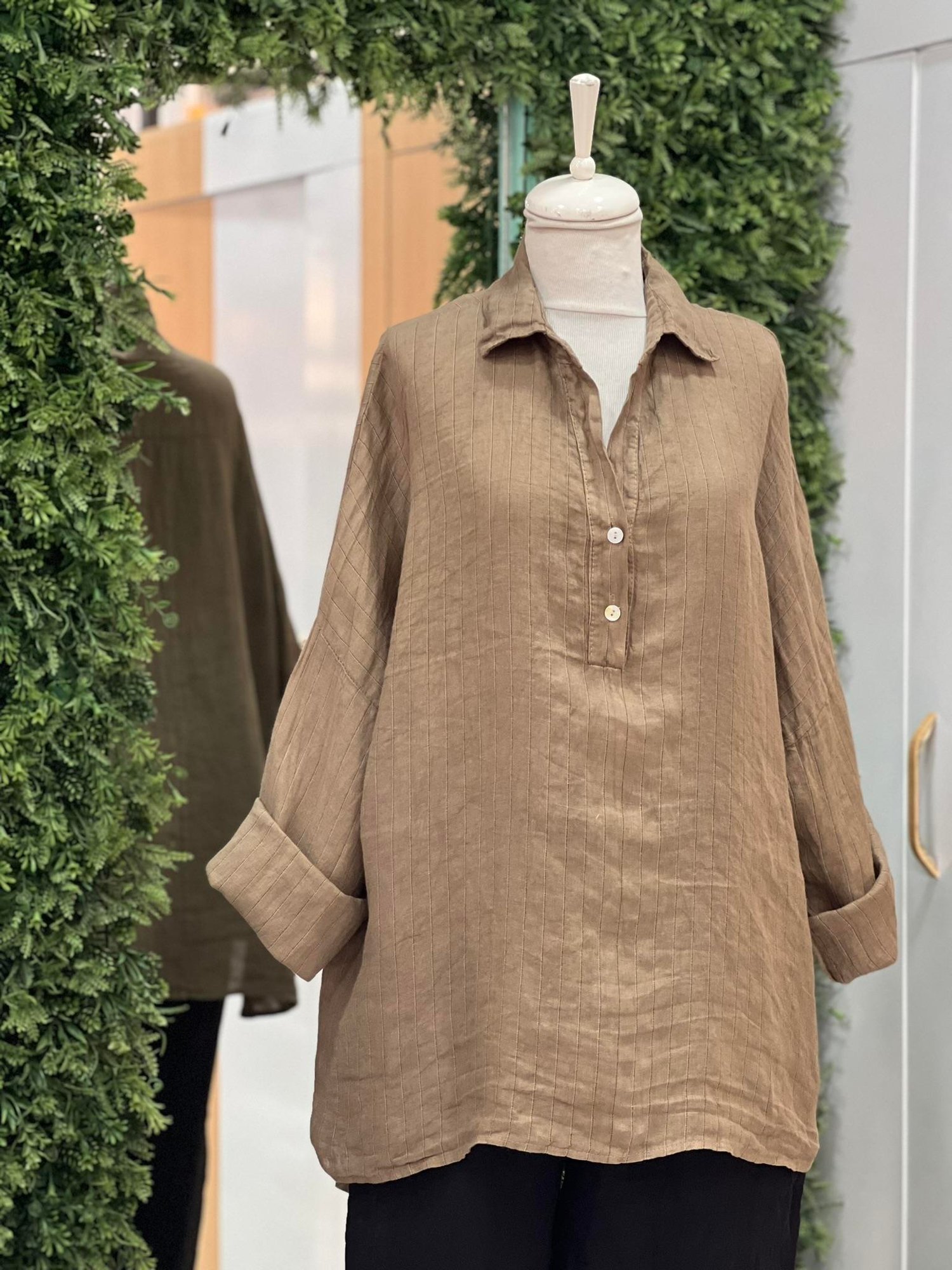 Kadın Çizgili Oversize Tunik Gömlek - Açık Kahve