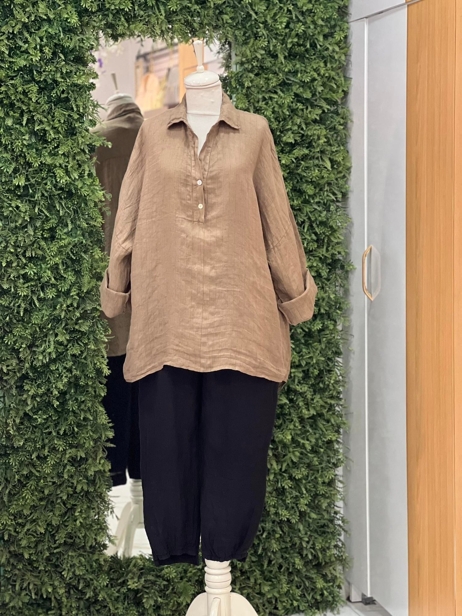 Kadın Çizgili Oversize Tunik Gömlek - Açık Kahve