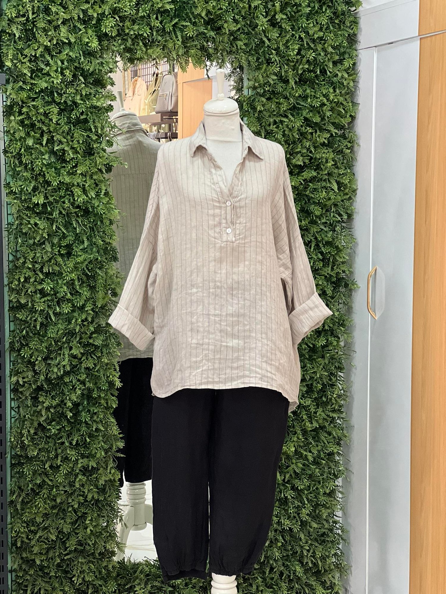 Kadın Çizgili Oversize Tunik Gömlek - Bej