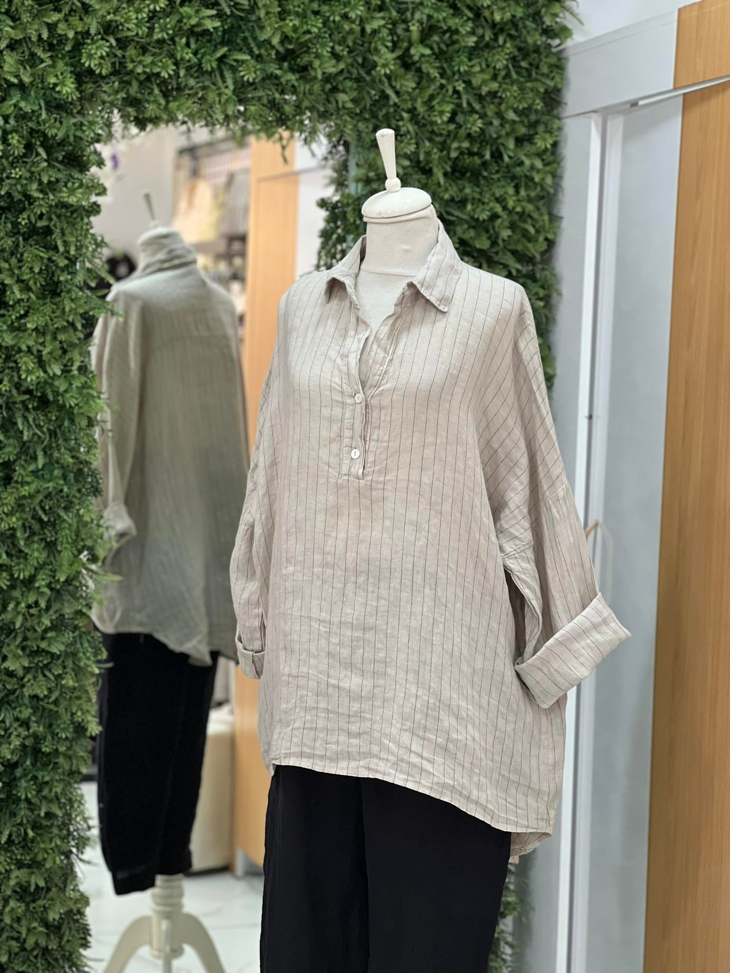 Kadın Çizgili Oversize Tunik Gömlek - Bej